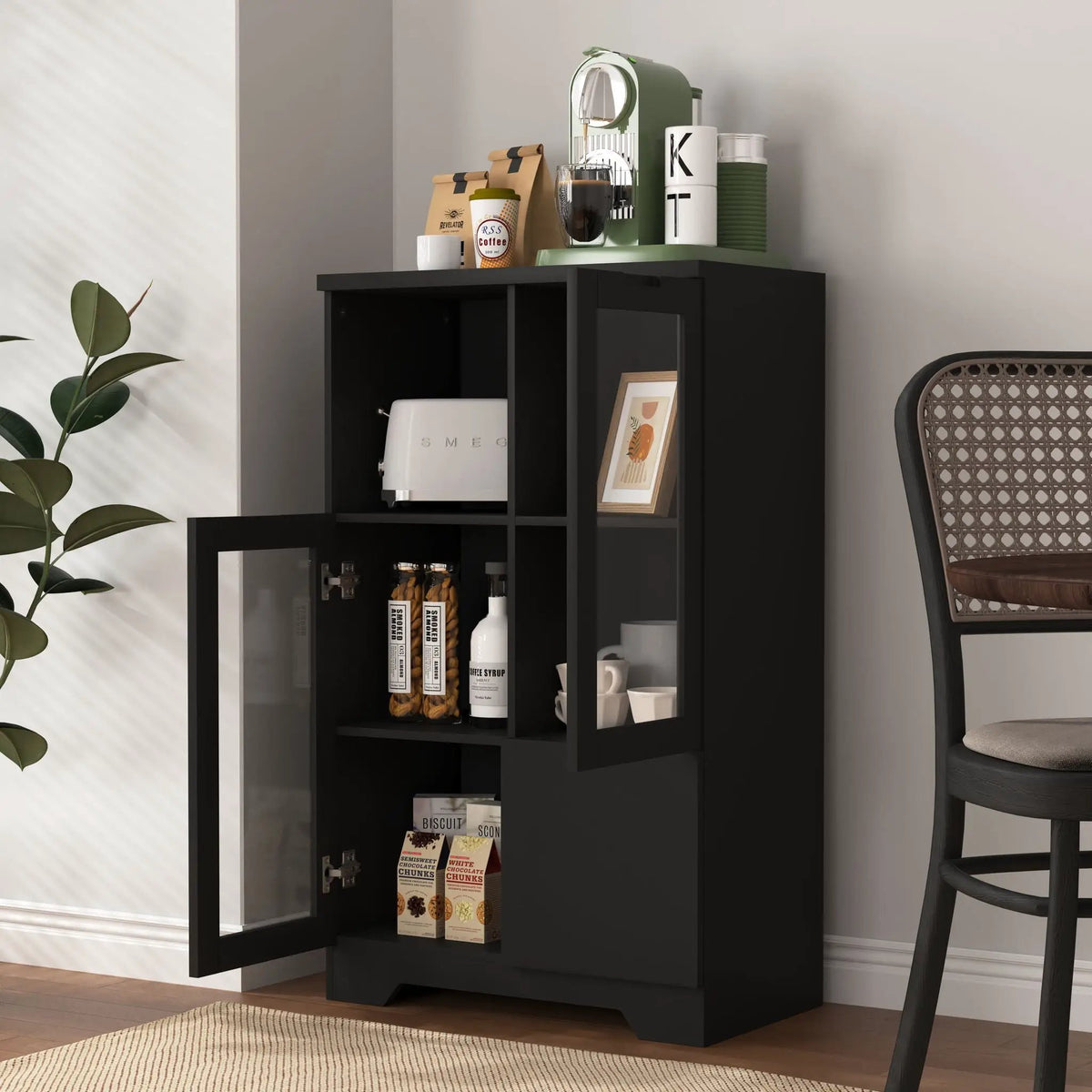 Modern Storage Cabinet | Adjustable Shelves | Double Glass Doors | Gray
