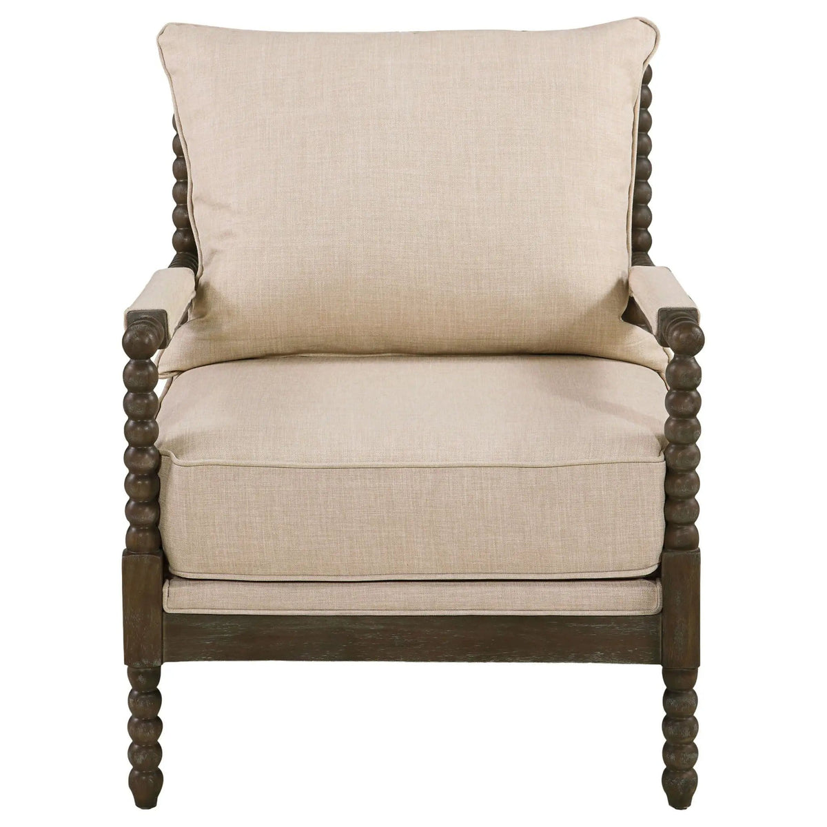 Blanchett Upholstered Bobbin Accent Chair Beige and Distressed | 29.5 x 34 x 38 in | Rubberwood & Fabric | Brown