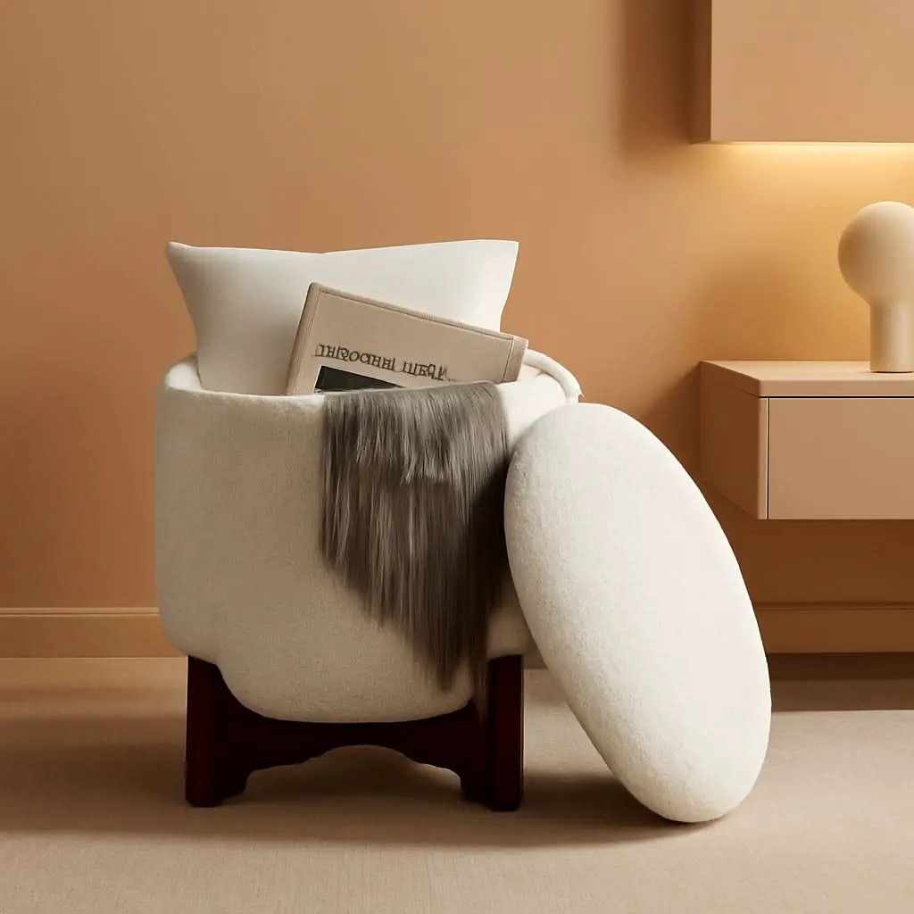 White Elegant Round Ottoman With Concealed Storage from PriceLows™