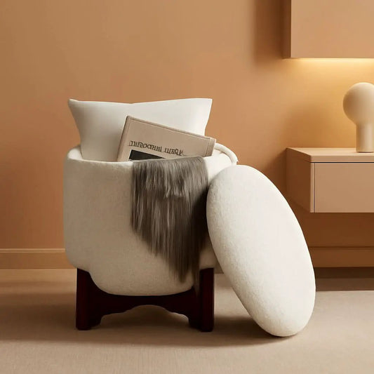White Elegant Round Ottoman With Concealed Storage from PriceLows™