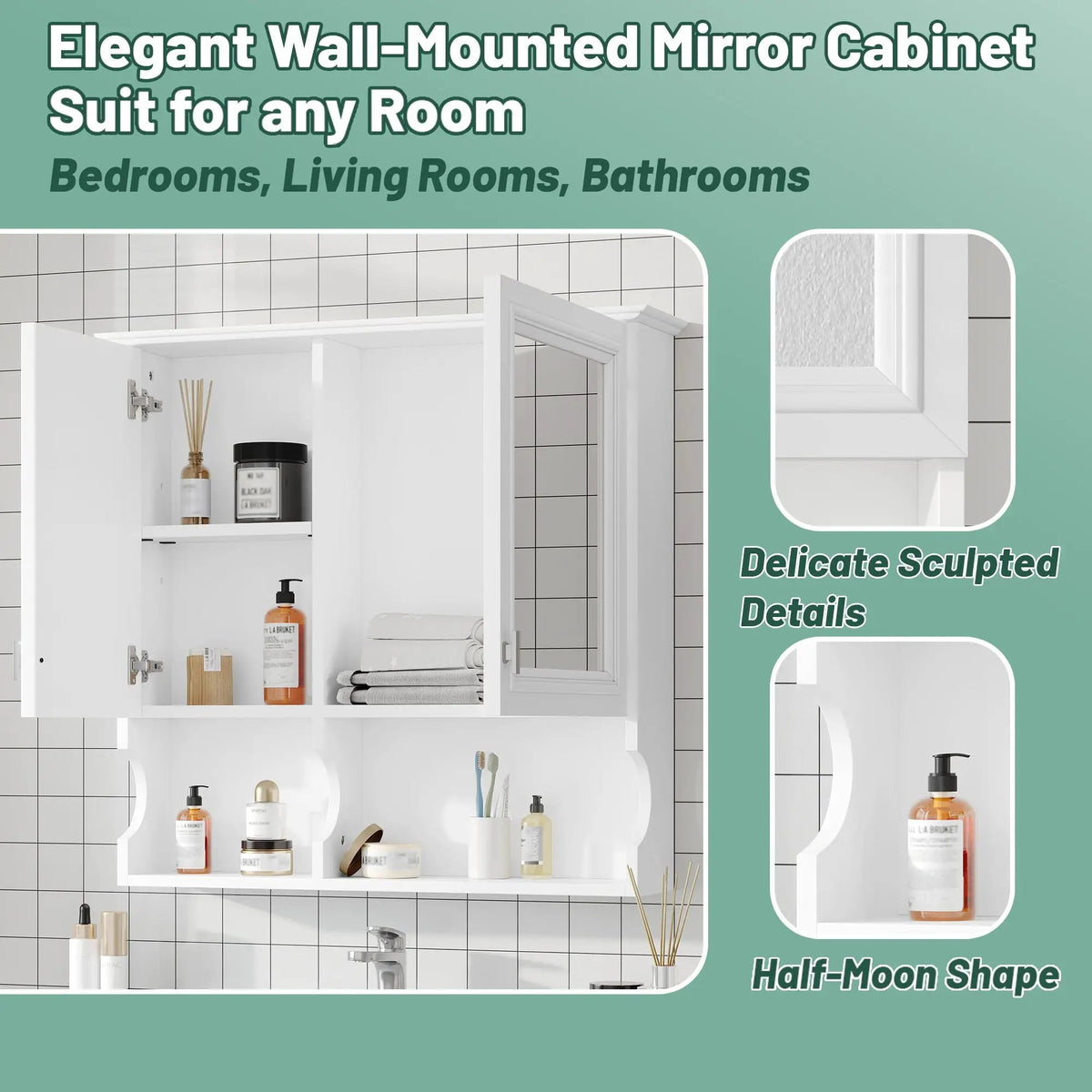 Wall Mounted Mirror Medicine Cabinet | 30 Inch Width | Doors And Open Shelves | Adjustable Shelf