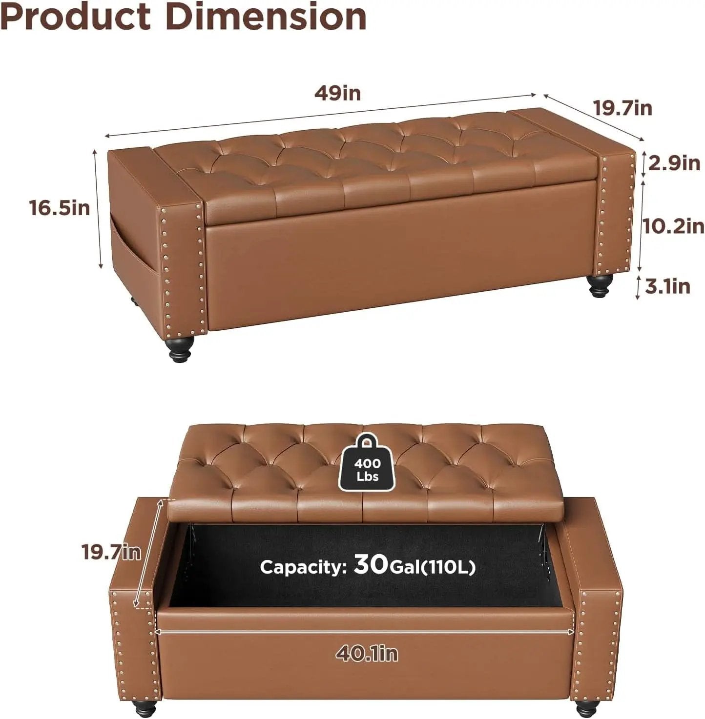 49 Inch Upholstered Storage Ottoman Bench Espresso Brown from PriceLows™
