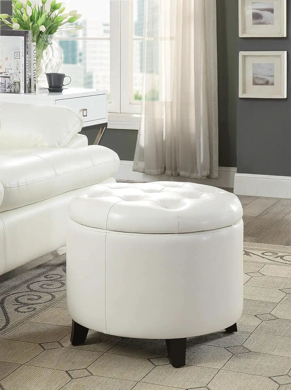 Round Storage Ottoman Ivory Faux Leather Nineteen Point Seven Five Inches from PriceLows™