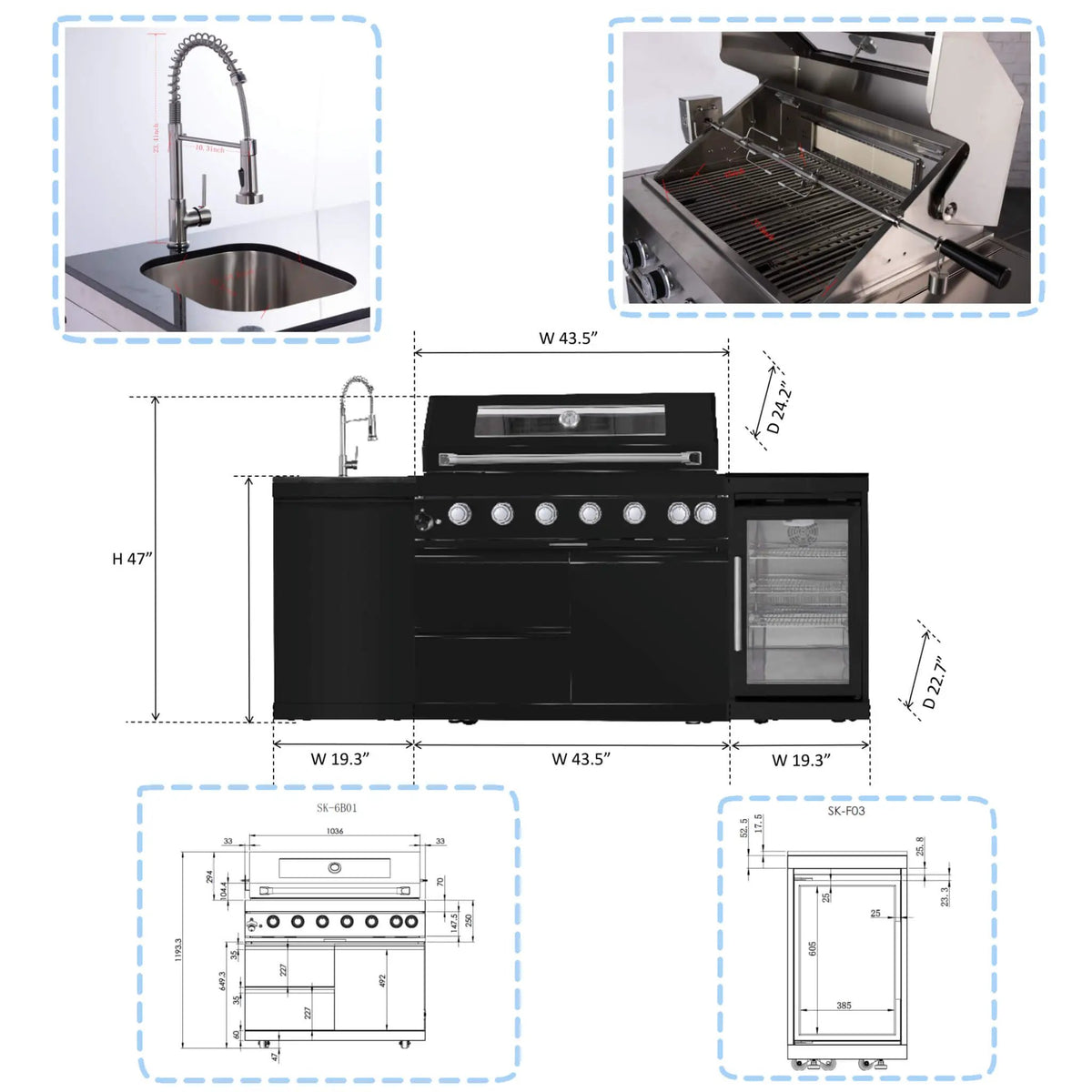 Outdoor BBQ Kitchen Grill Island | Avalon 43 Inch | 6 Burners 85K BTU | Wine Fridge And Rotisserie Kit