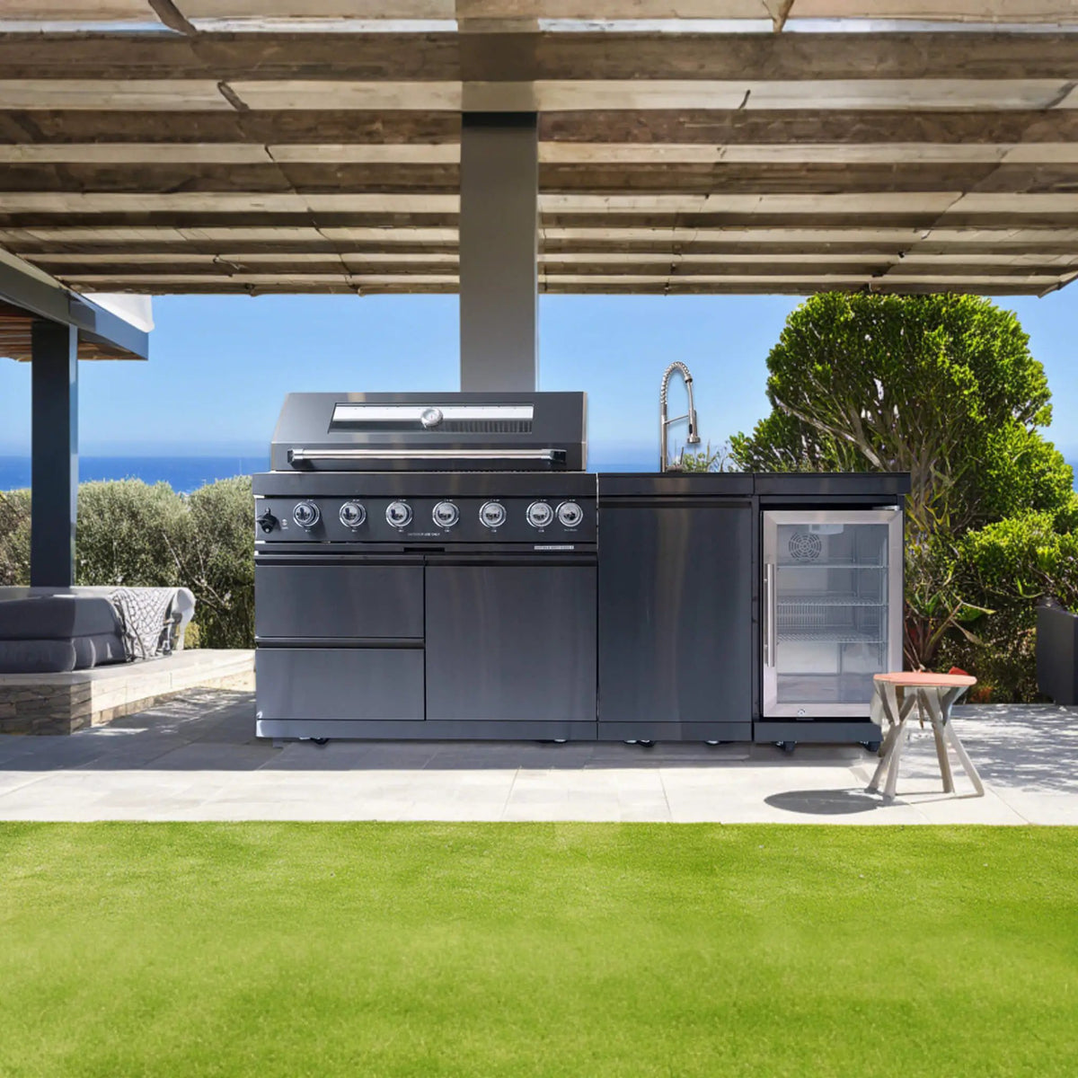Outdoor BBQ Kitchen Grill Island | Avalon 43 Inch | 6 Burners 85K BTU | Wine Fridge And Rotisserie Kit