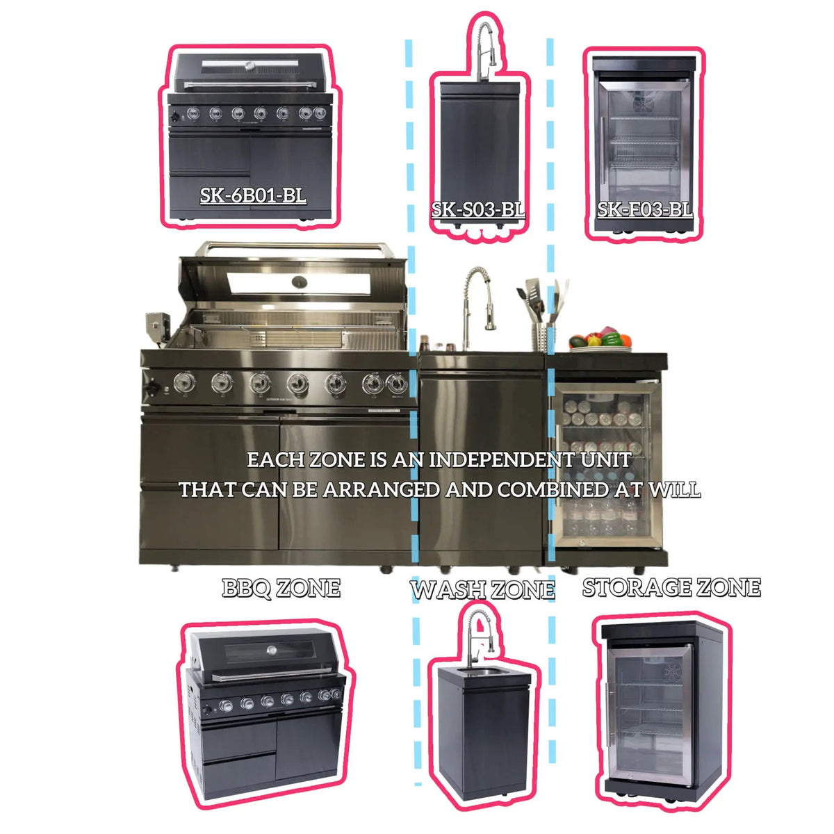 Outdoor BBQ Kitchen Grill Island | Avalon 43 Inch | 6 Burners 85K BTU | Wine Fridge And Rotisserie Kit