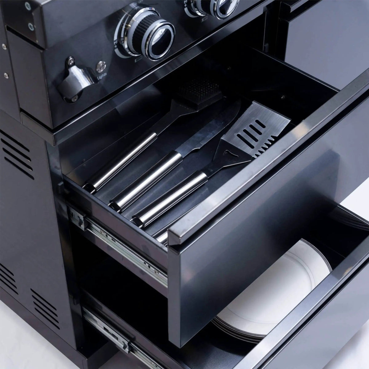 Liquid Propane Kitchen Grill Island | Inferno Premium Black Stainless | 6 Burners Plus Infrared | Rotisserie Kit