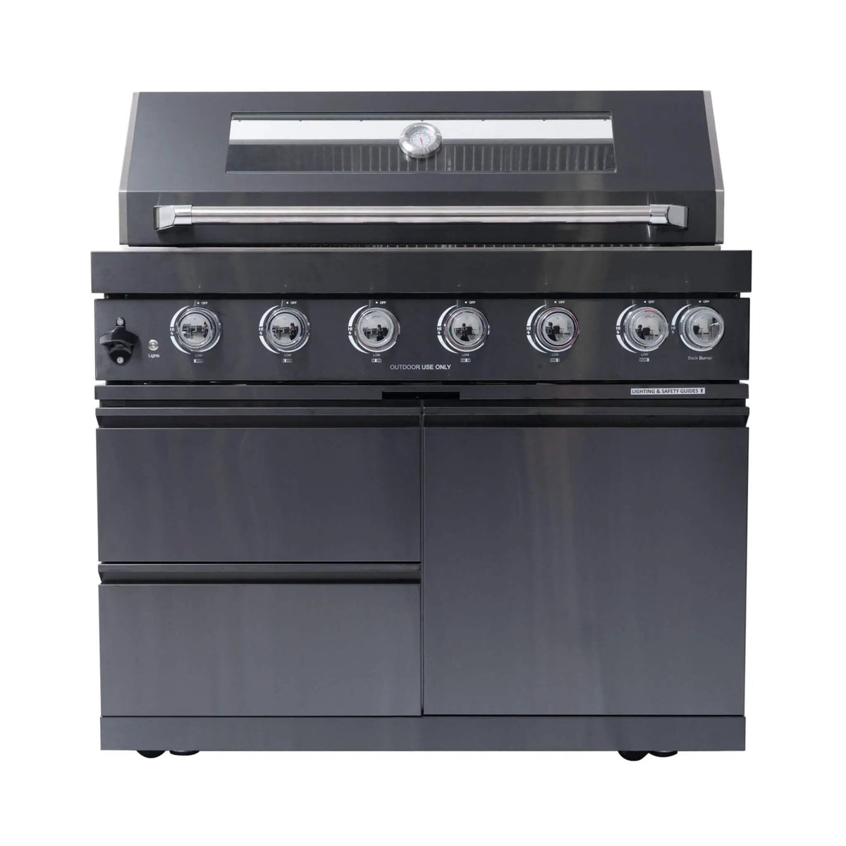 Liquid Propane Kitchen Grill Island | Inferno Premium Black Stainless | 6 Burners Plus Infrared | Rotisserie Kit