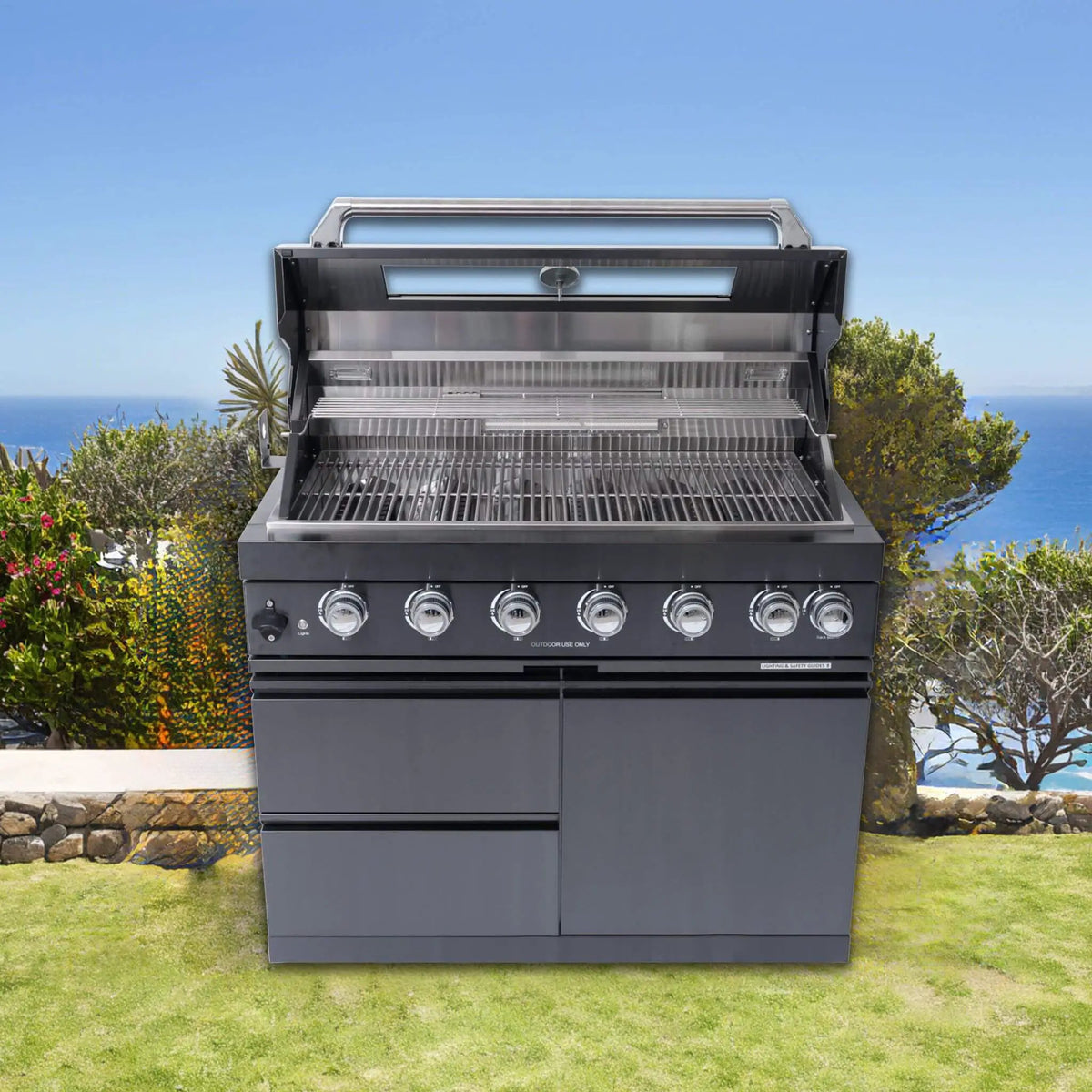Liquid Propane Kitchen Grill Island | Inferno Premium Black Stainless | 6 Burners Plus Infrared | Rotisserie Kit