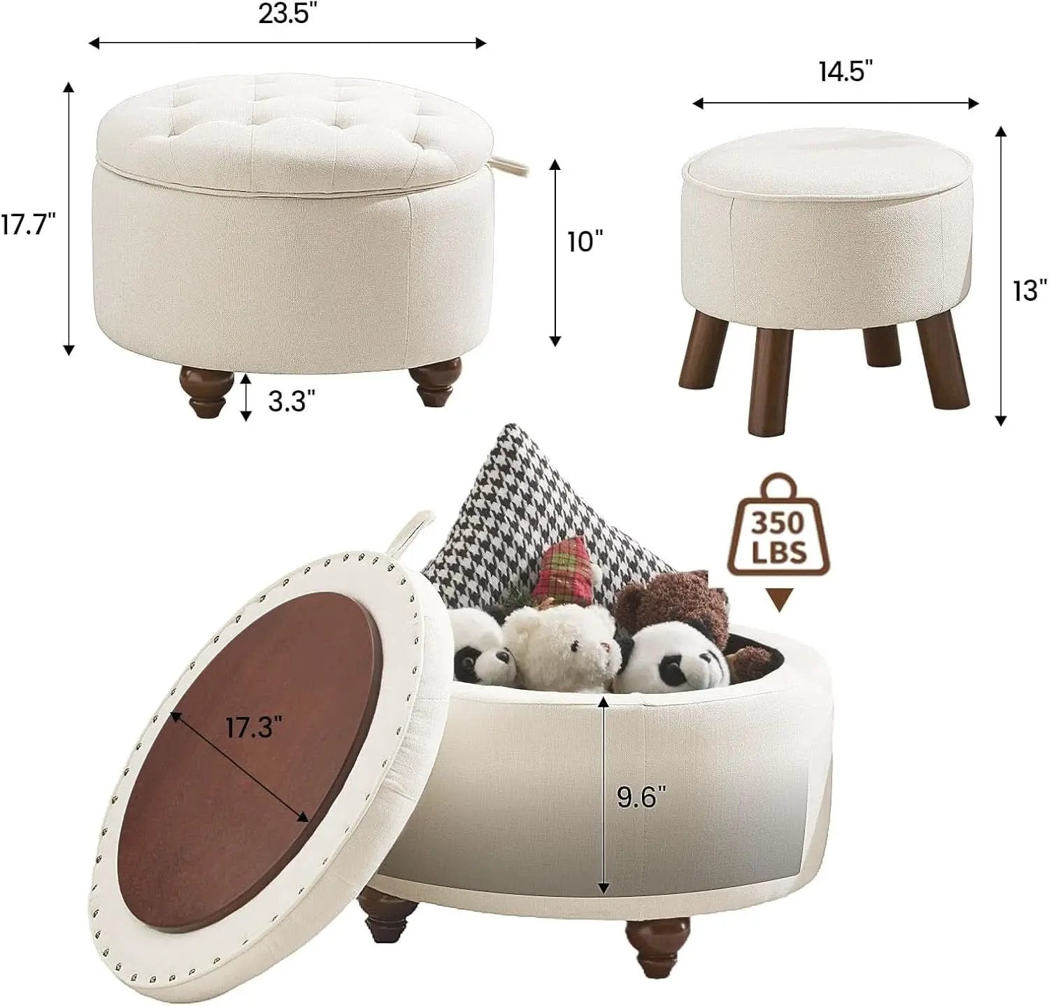 24 Inch Round Beige Storage Ottoman Removable TopWith Storage from PriceLows™