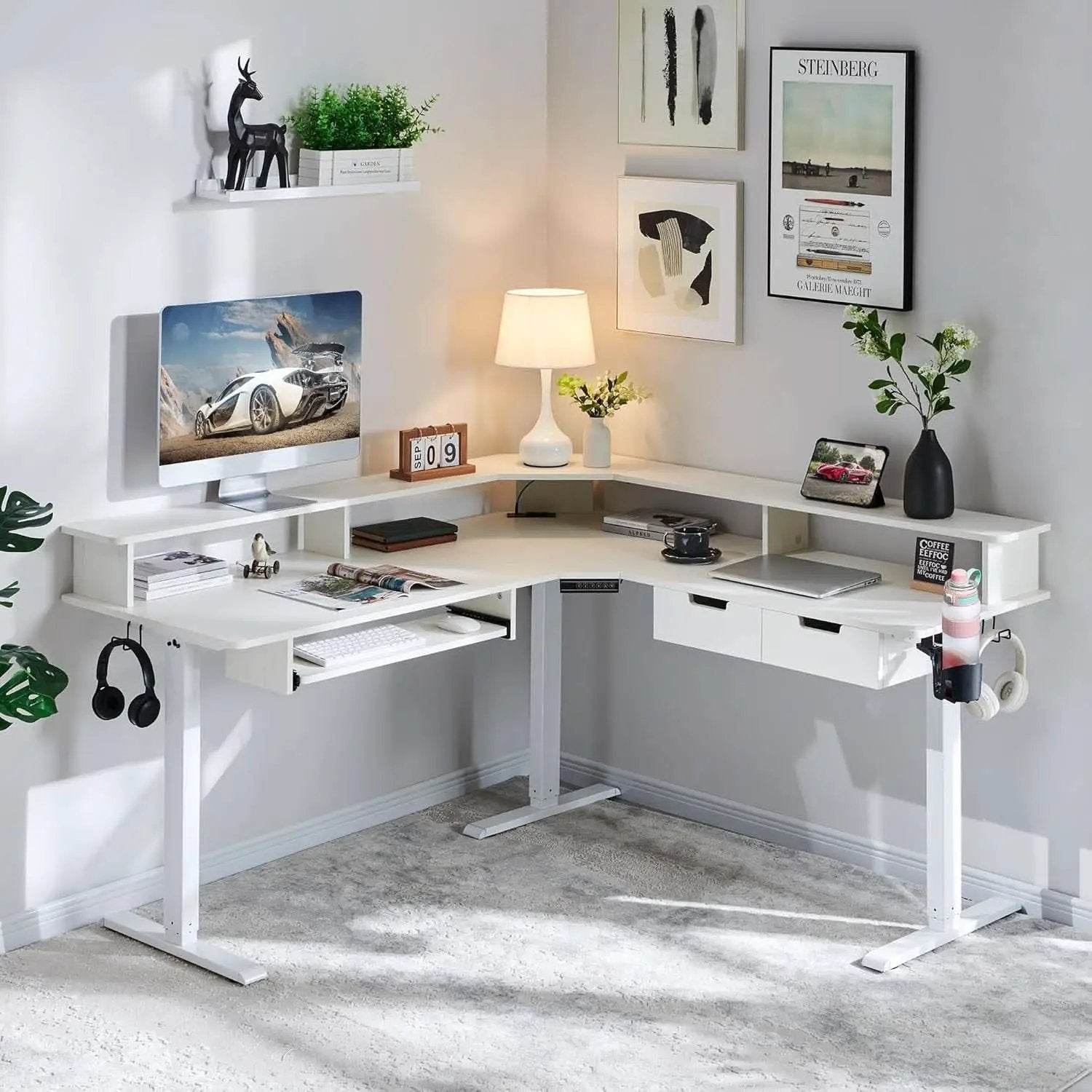 60 Inch L Shaped Electric Standing Desk Antique White from PriceLows™