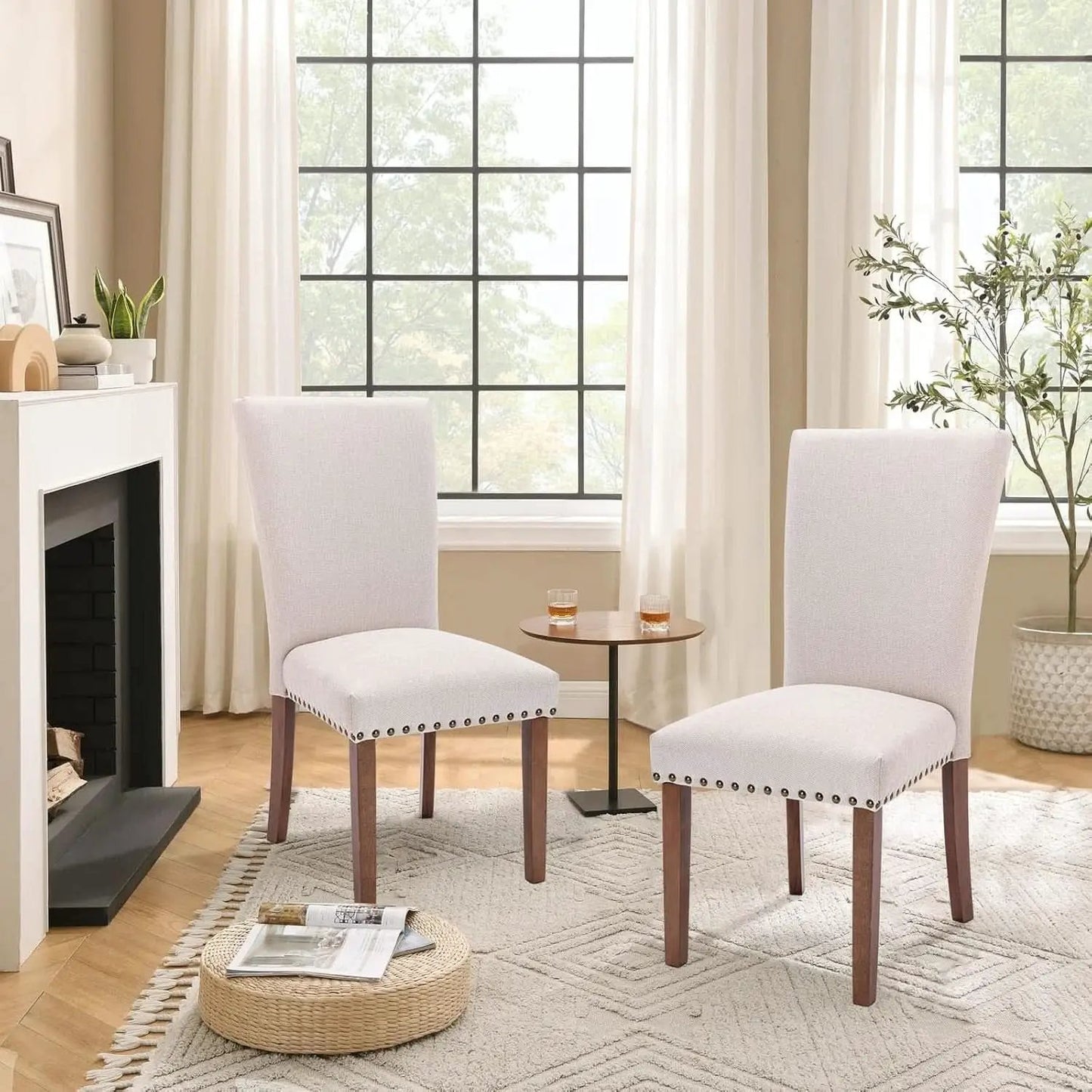 Parsons Dining Chairs Beige Upholstered Nailhead Set of 4 from PriceLows™