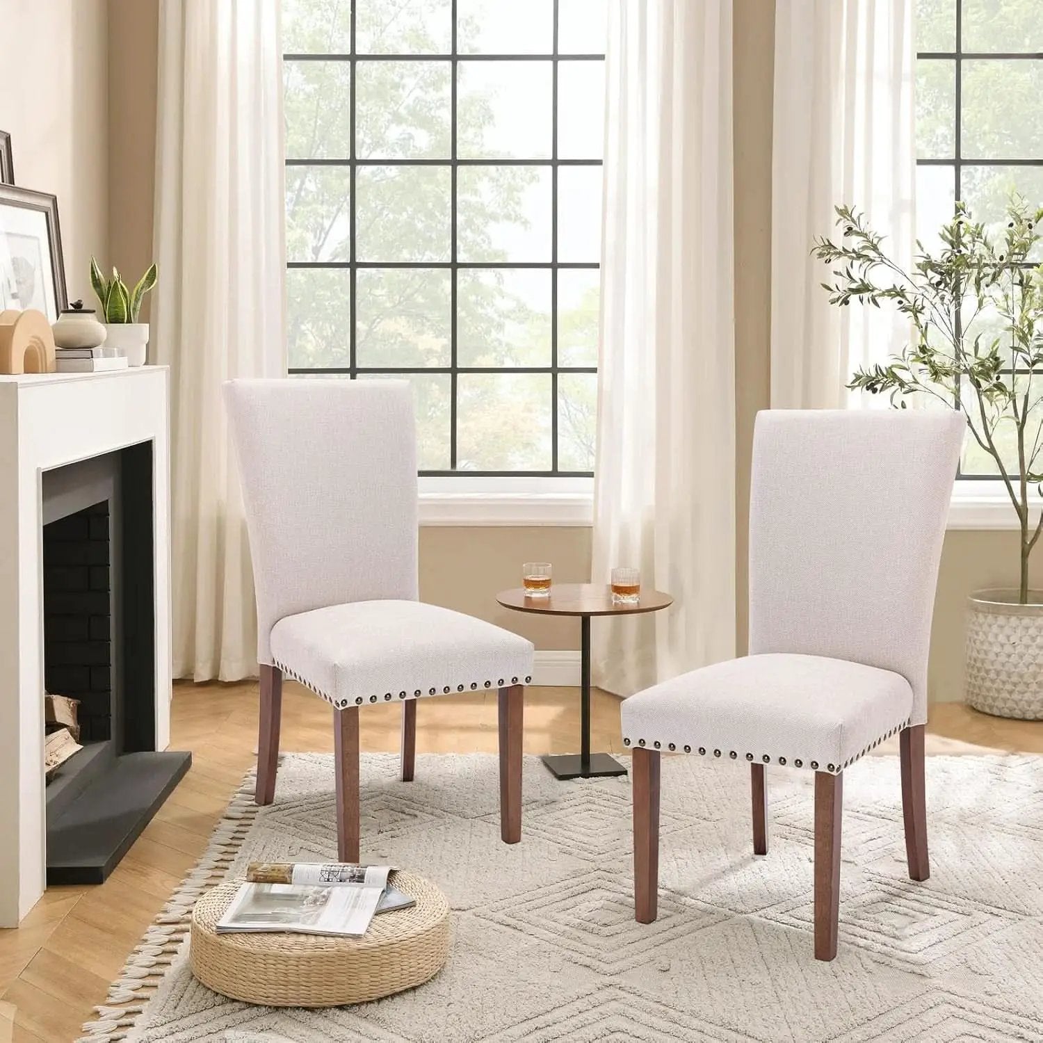 Parsons Dining Chairs Beige Upholstered Nailhead Set of 4 from PriceLows™