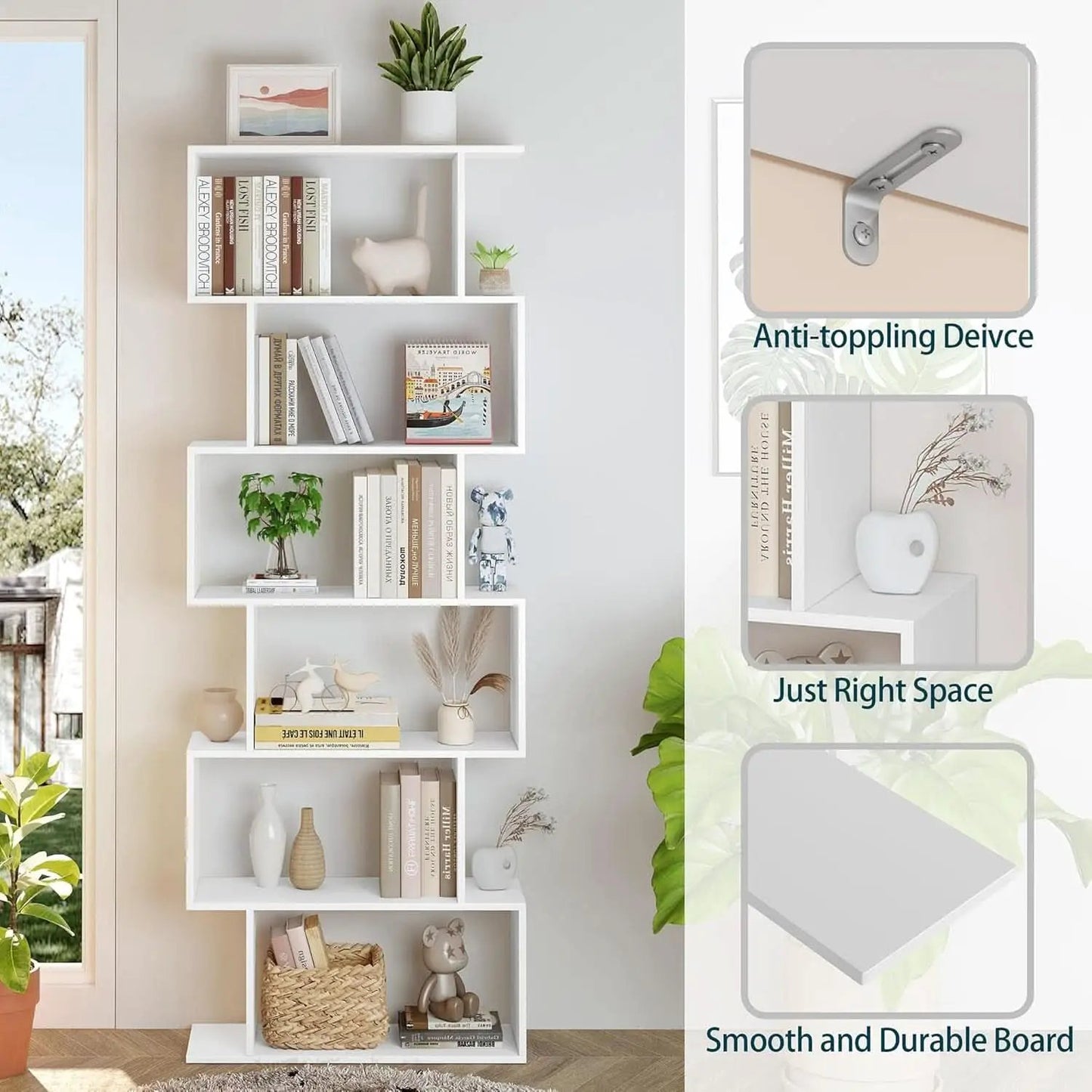 S Shaped Bookshelf White 6 Tier Display Bookcase Office from PriceLows™