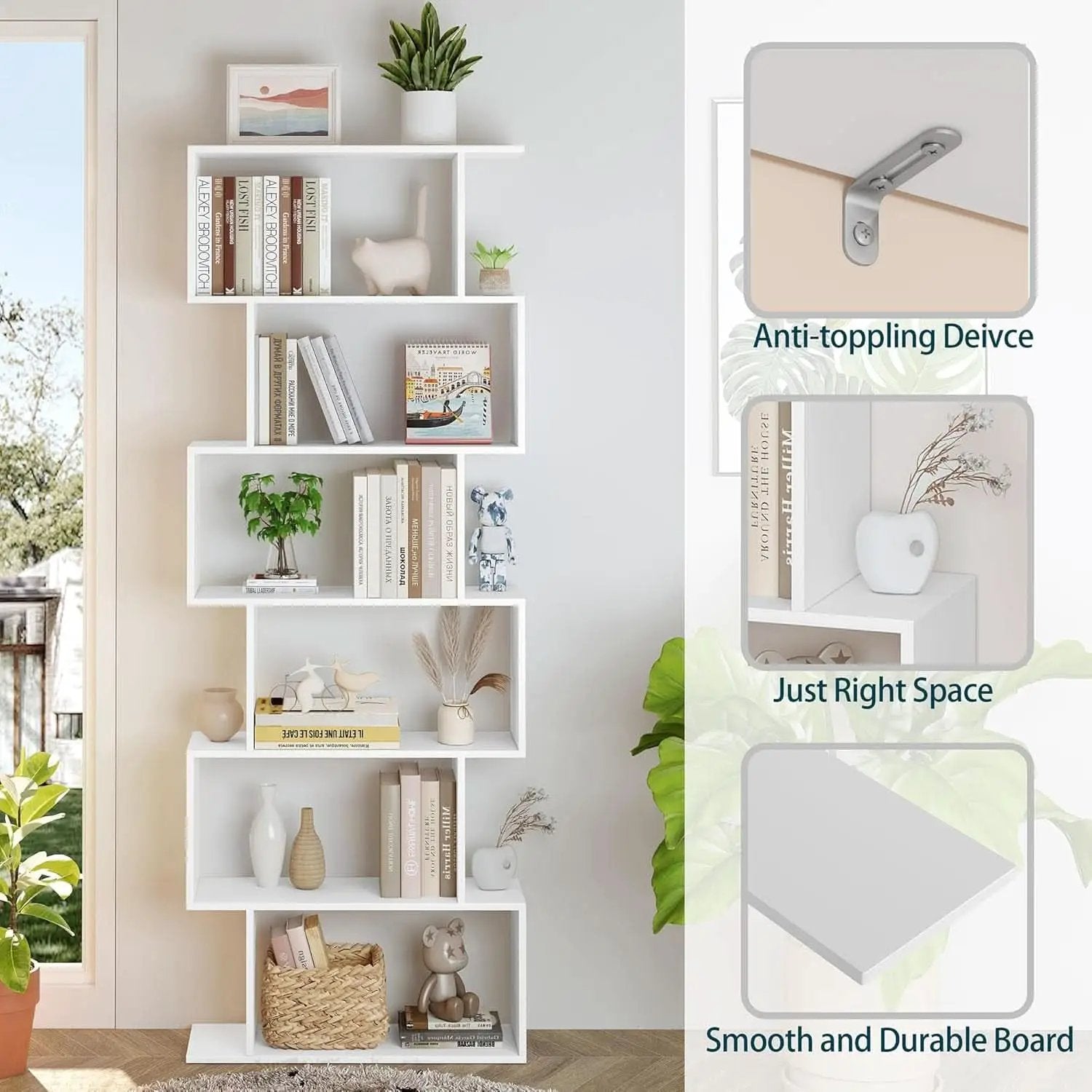 S Shaped Bookshelf White 6 Tier Display Bookcase Office from PriceLows™