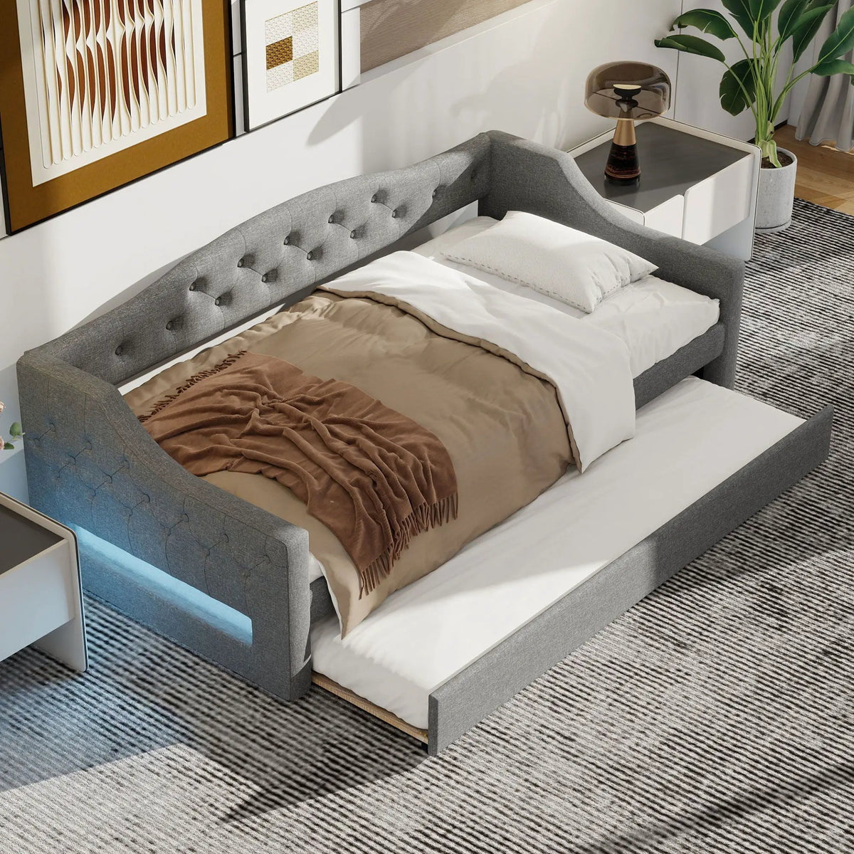 Daybed With LED Lights | Upholstered Trundle Daybed | Thickly Padded Sponge | 84 Inch Length