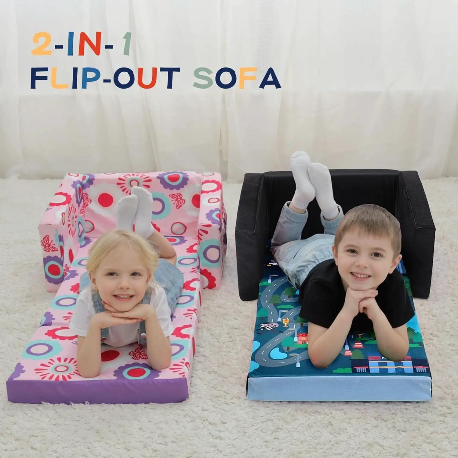 Kids Sofa Bed Black With Storage Pockets For Playroom from PriceLows™