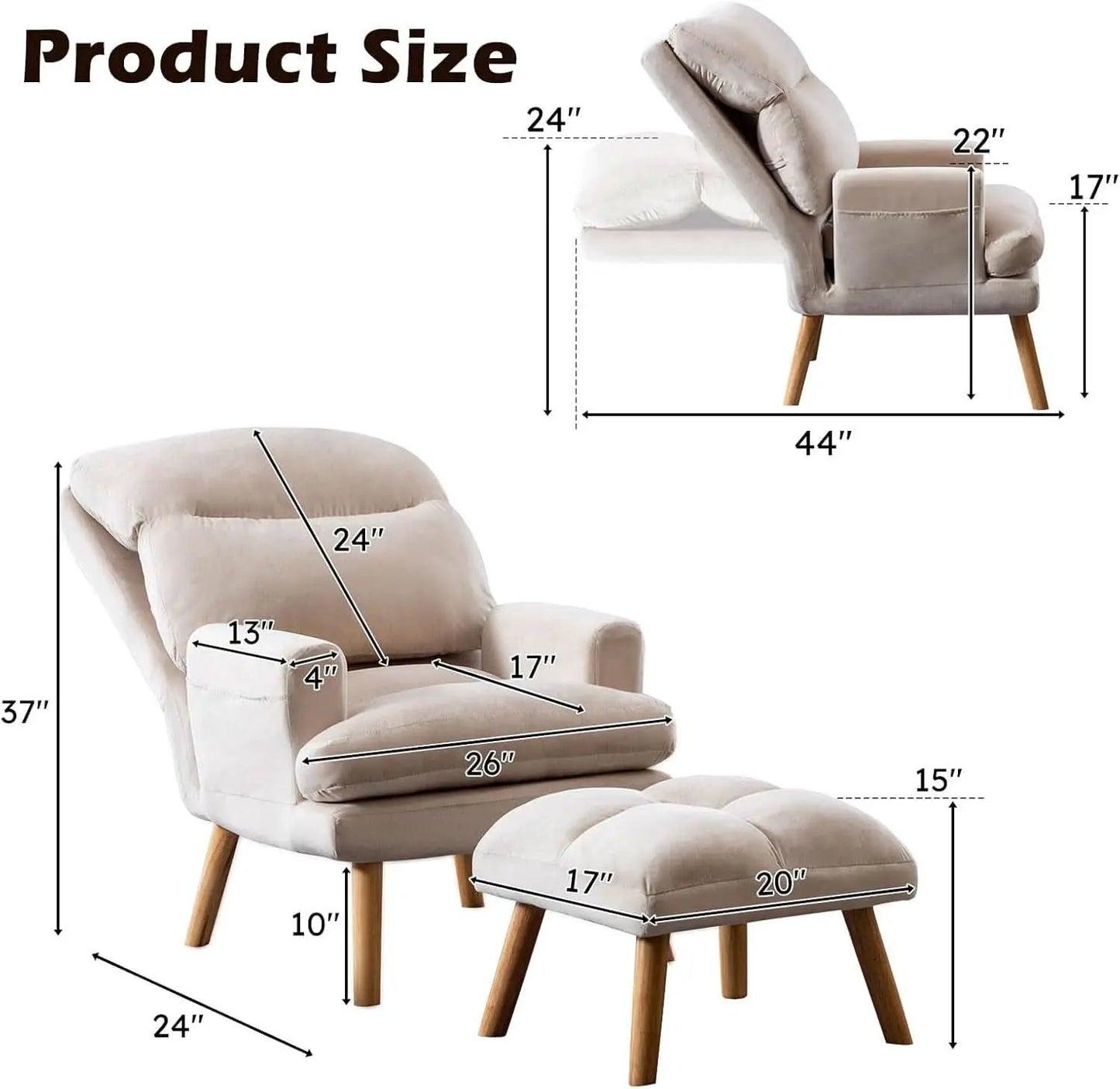 Beige Accent Chair With Ottoman Adjustable Backrest from PriceLows™