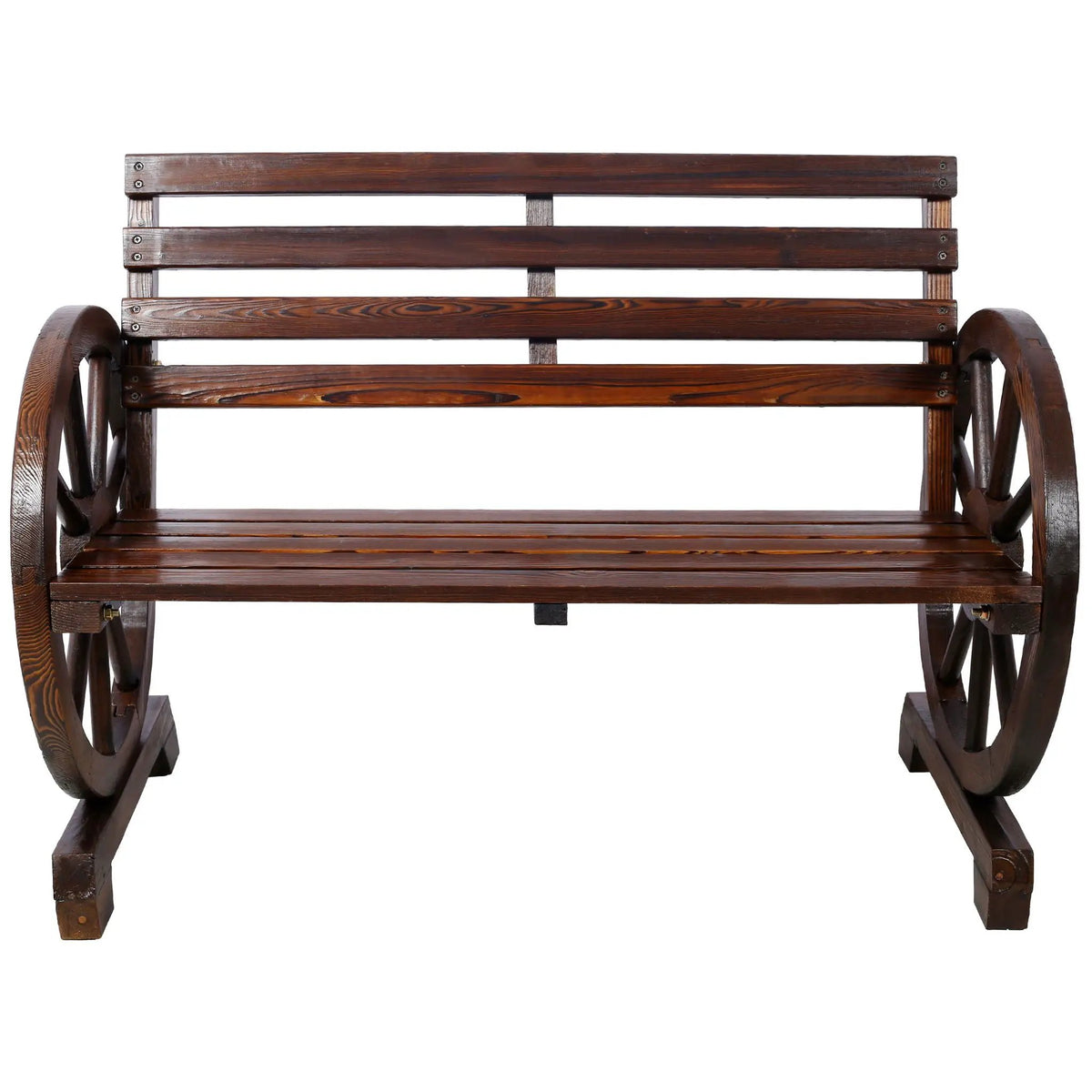 Outdoor Wagon Wheel Bench | Solid Fir Wood | 2 Person | Dark Brown