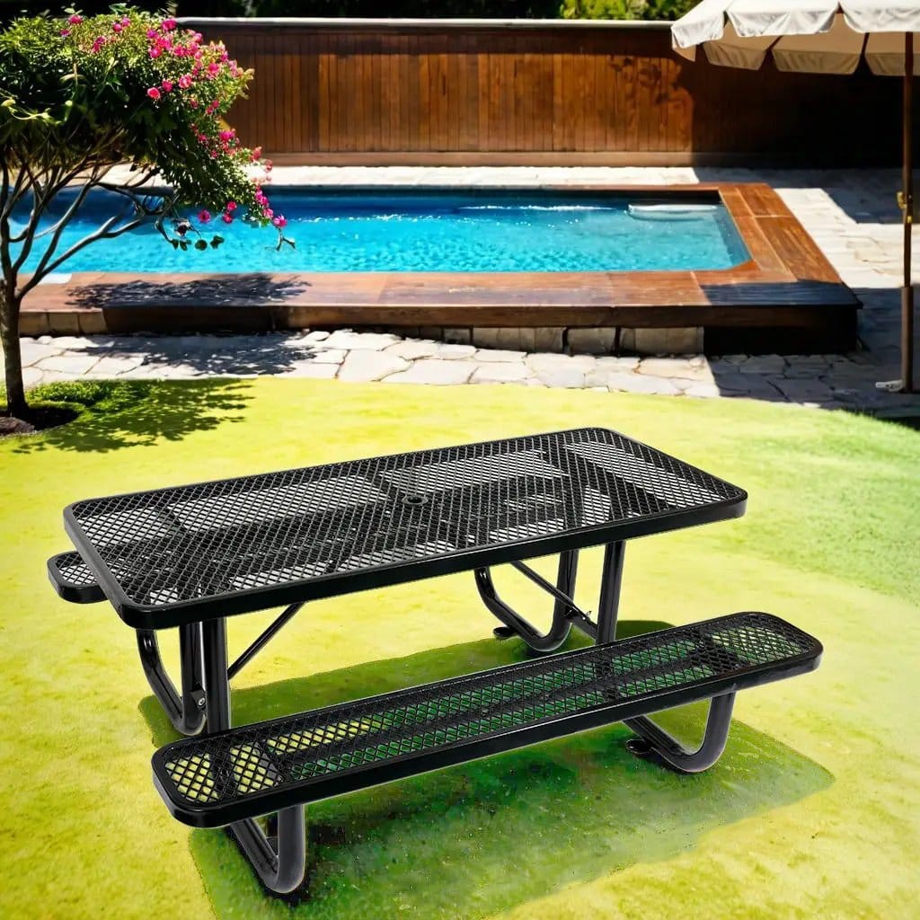 Outdoor Steel Picnic Rectangular Table With Umbrella Pole | 3 Pieces | Steel & Metal | Dining Room