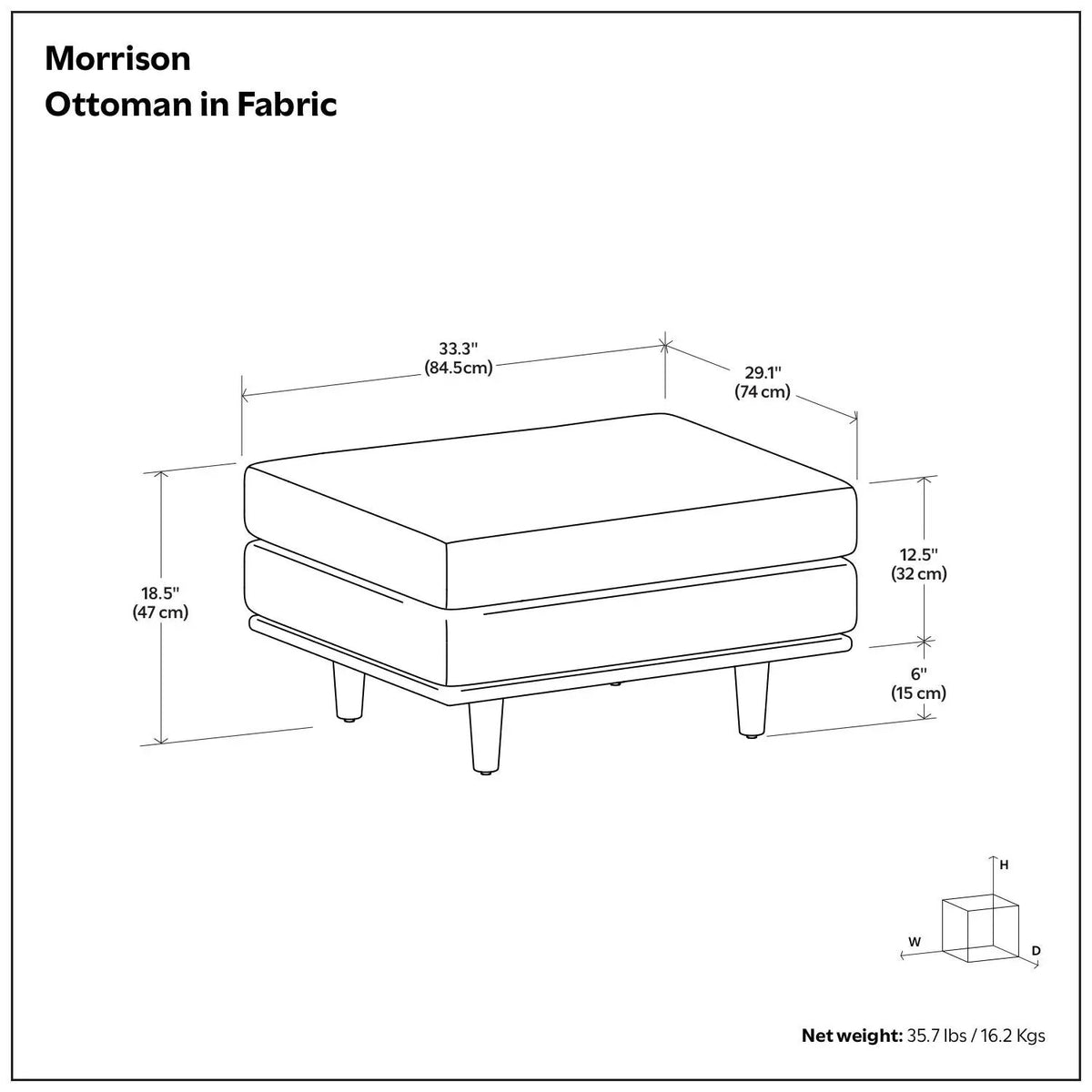 Morrison Handcrafted Ottoman | Mid-Century Modern Styling | Corner-Blocked Frame | 33 Inch Width