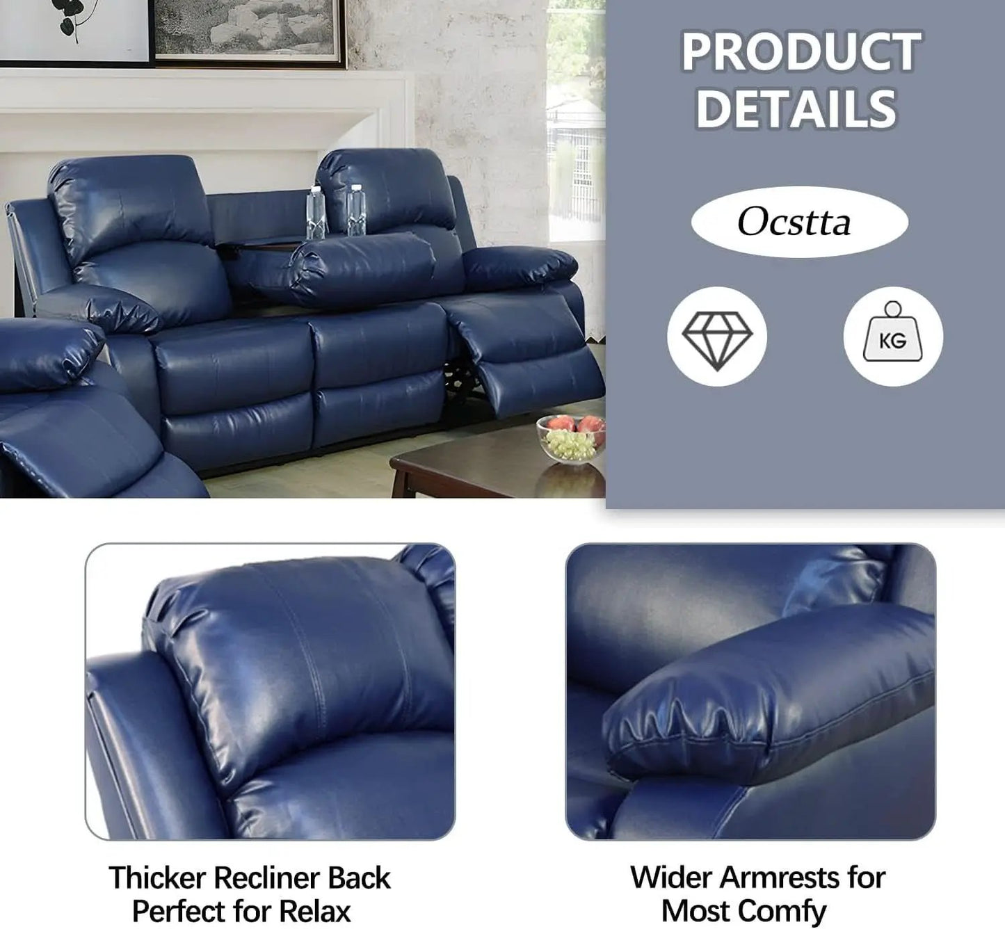 Manual Leather Recliner Sofa Set Blue Living Room Furniture from PriceLows™