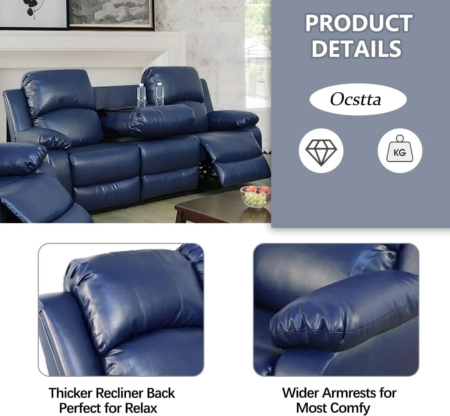 Manual Leather Recliner Sofa Set Blue Living Room Furniture from PriceLows™