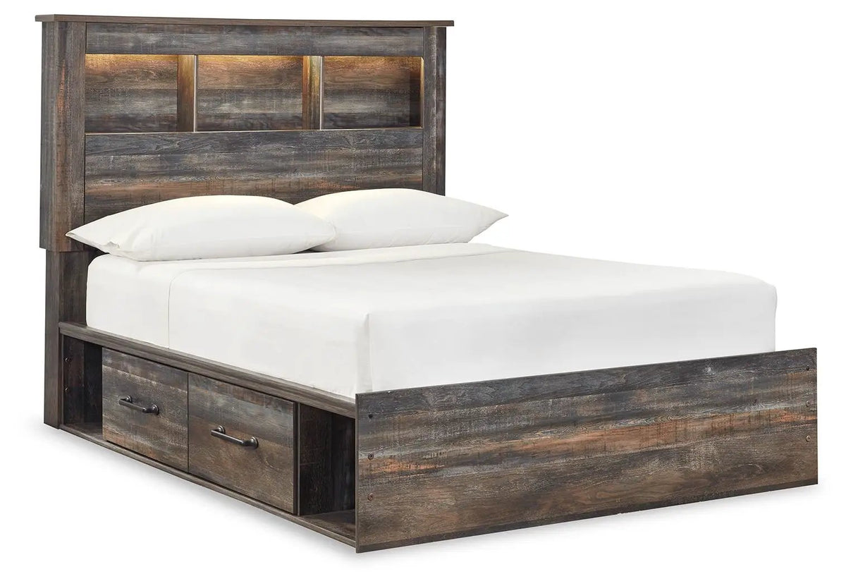 Drystan Panel Bookcase Bed | Storage Headboard | Rustic Industrial Style | 85 Inch Length