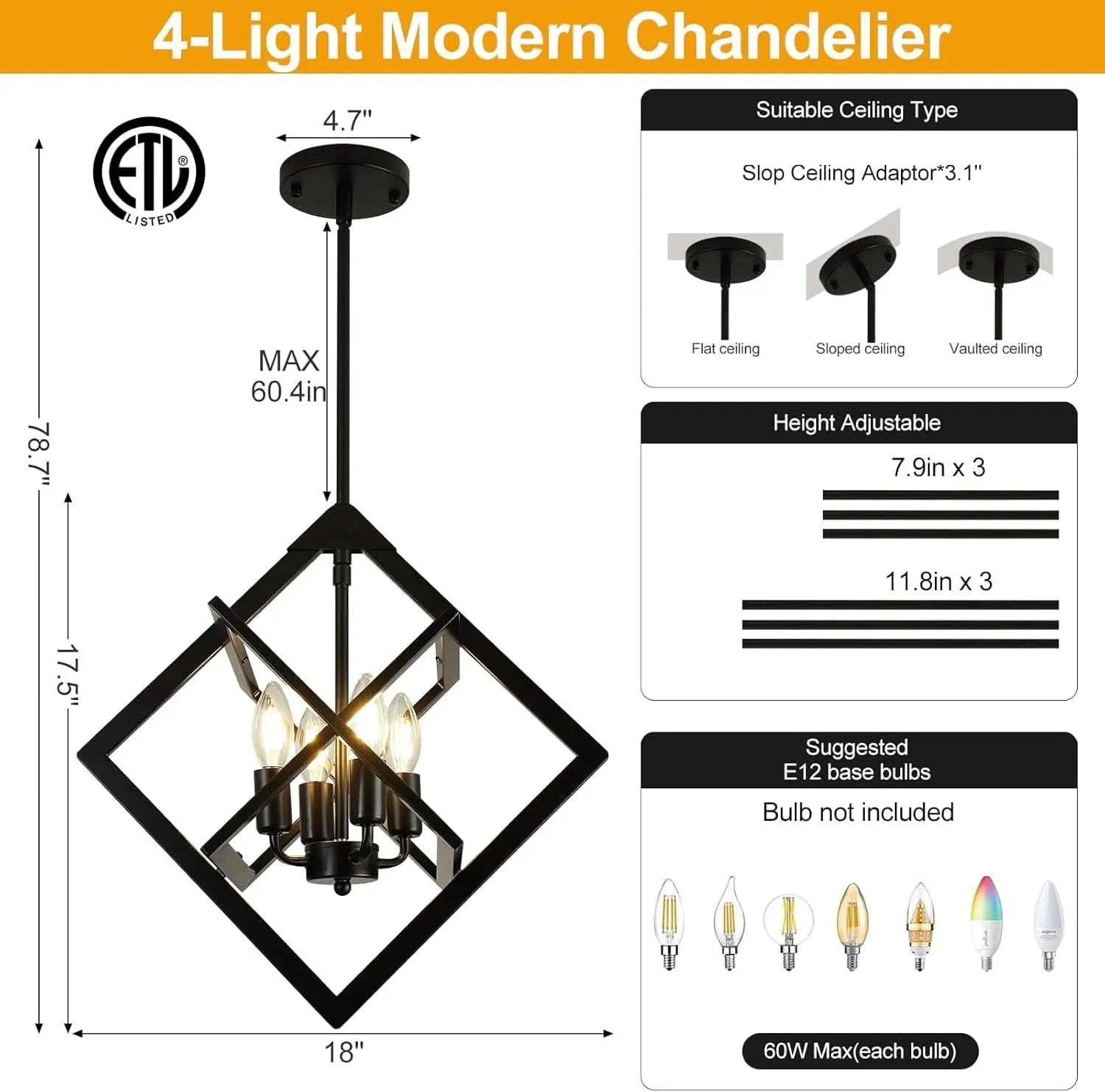 18 Inch Black Geometric Industrial Farmhouse Chandelier With 4 Lights Adjustable Height from PriceLows™