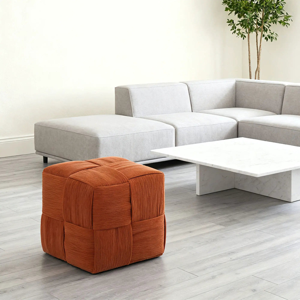 Modern Ottoman Foot Rest | Woven Design | Engineered Wood Frame | 14.2 Inch Cube
