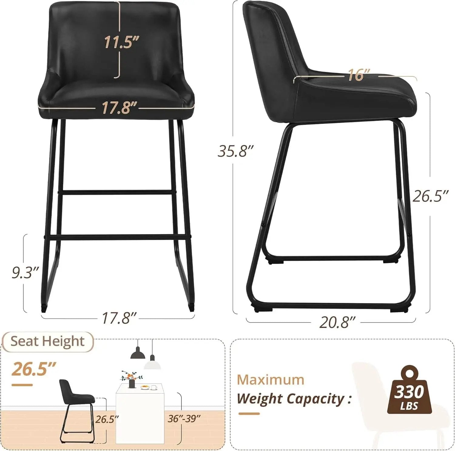 26 Inch Faux Leather Bar Stools Set Of 3 Counter Height With Back Modern Kitchen Island Chairs from PriceLows™