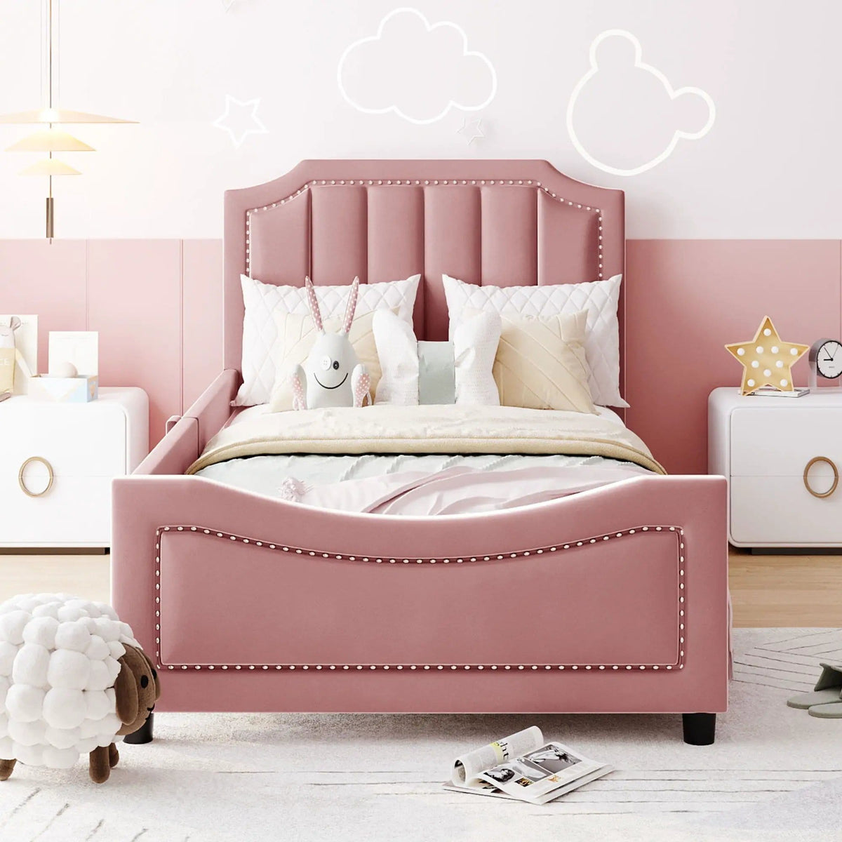 Upholstered Daybed With Classic Stripe Shaped Headboard | 2 Pieces | Pine Wood | Bedroom