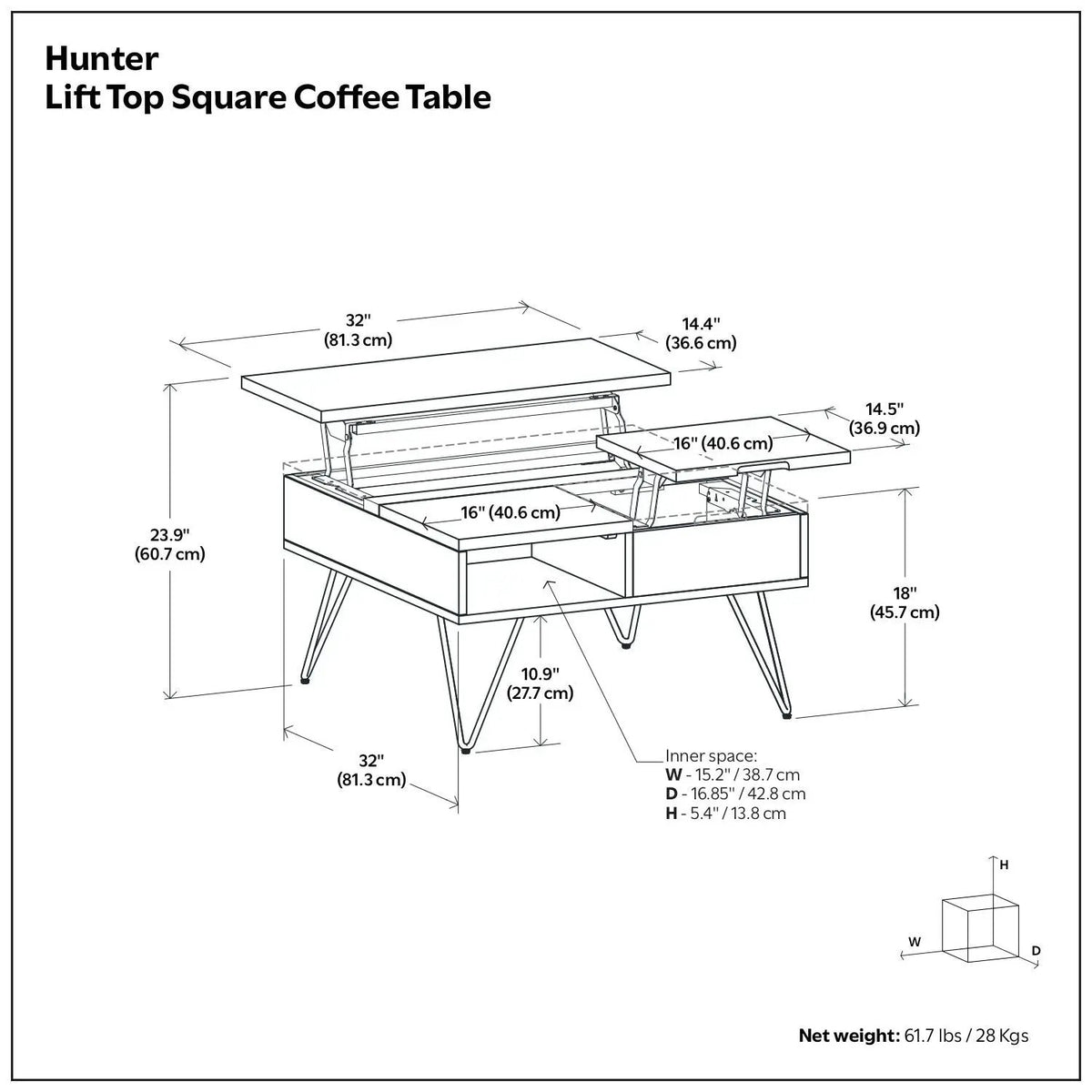 Hunter Lift Top Coffee Table | Handcrafted Solid Mango Hardwood | Split Lift Top | Large Storage Area