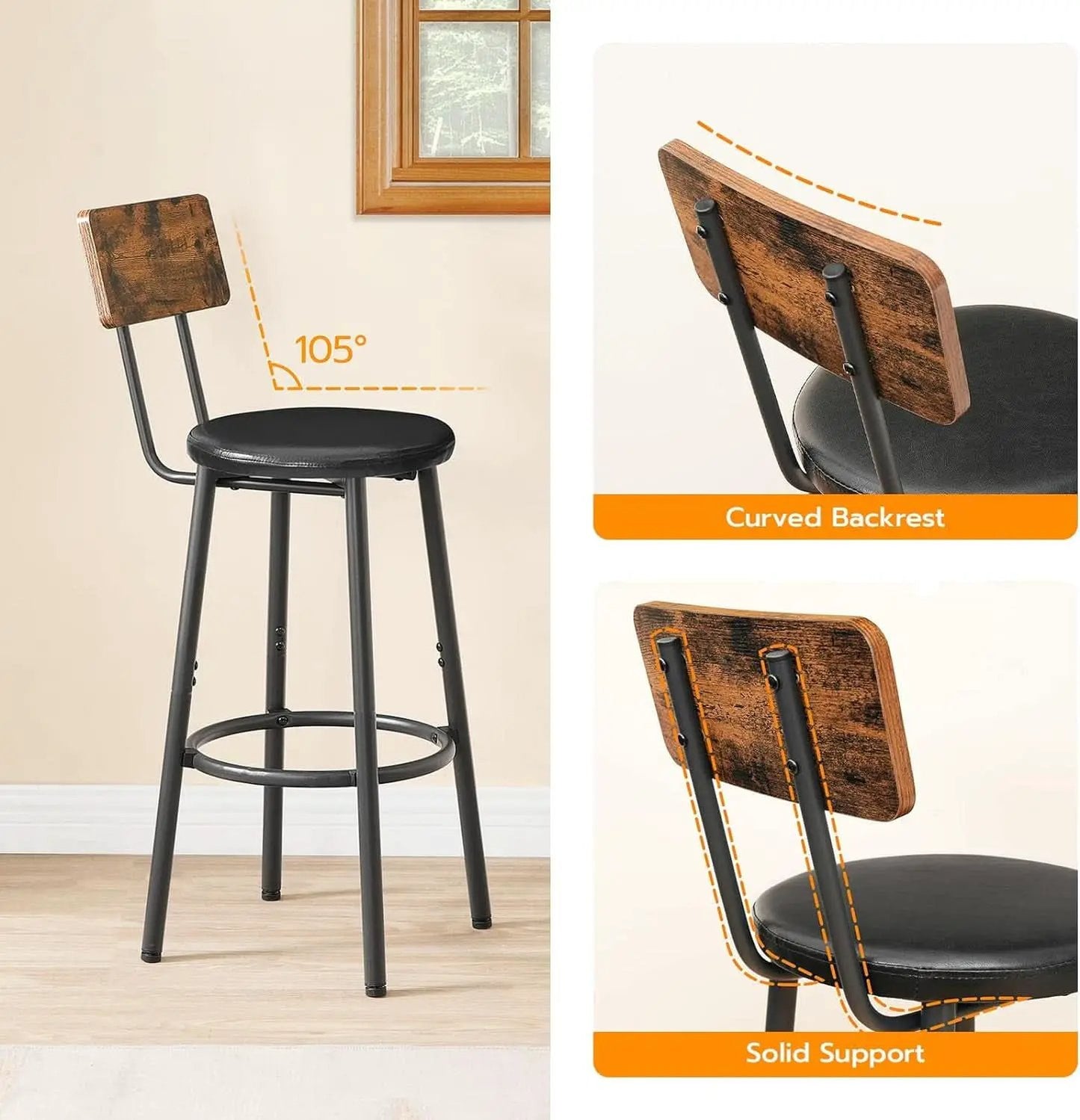 Rustic Brown PU Bar Stools Set of 2 26 Inch With Footrest from PriceLows™
