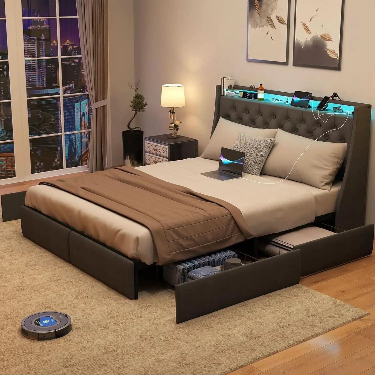 Queen Bed Frame With Storage Headboard LED Lighting from PriceLows™