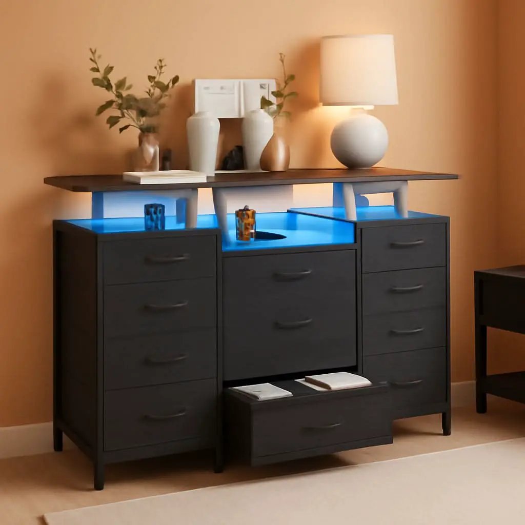 11 Drawer Dresser With Fabric Drawers, Charging Station, LED Lights And Shelves, Black Wood Veins from PriceLows™