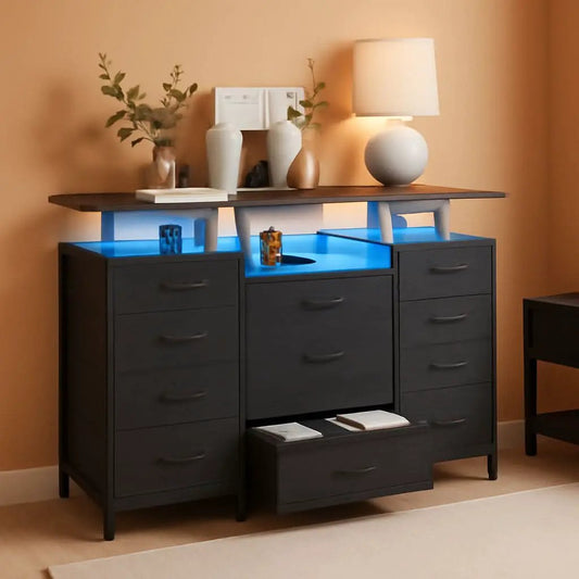 11 Drawer Dresser With Fabric Drawers, Charging Station, LED Lights And Shelves, Black Wood Veins from PriceLows™