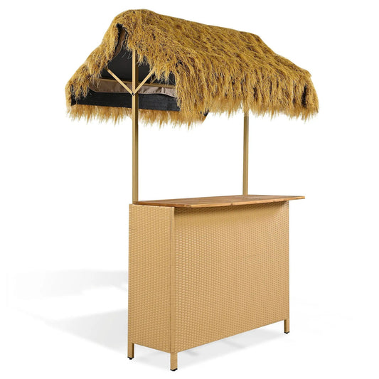 Outdoor Bar Height Patio Set | Acacia Wood Top | Grass Canopy | 5 Piece Natural