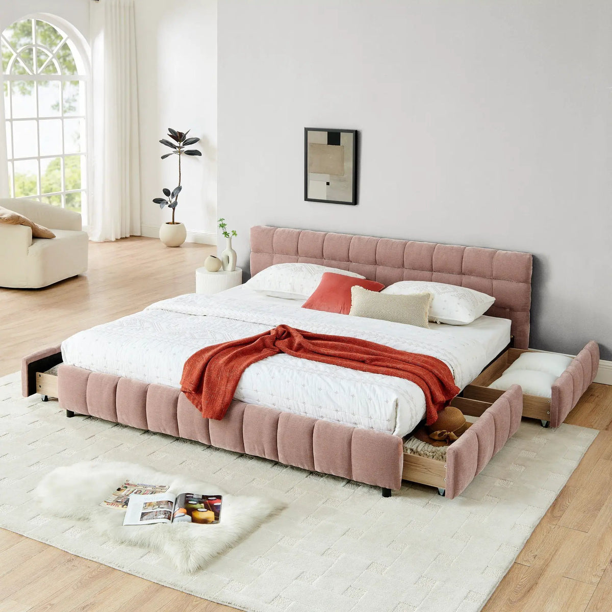 Modern Platform Storage Bed Frame | Thick Fabric Upholstery | Soft Headboard | Solid Construction