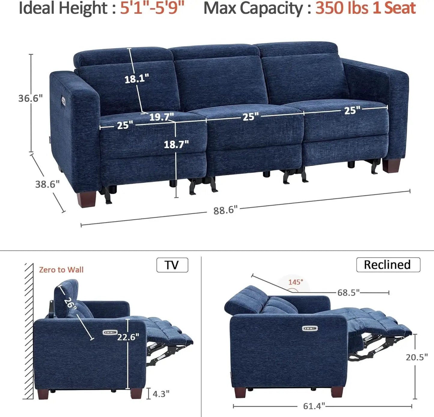 Navy Blue Zero Wall Hugger Power Reclining Sofa USB Ports from PriceLows™
