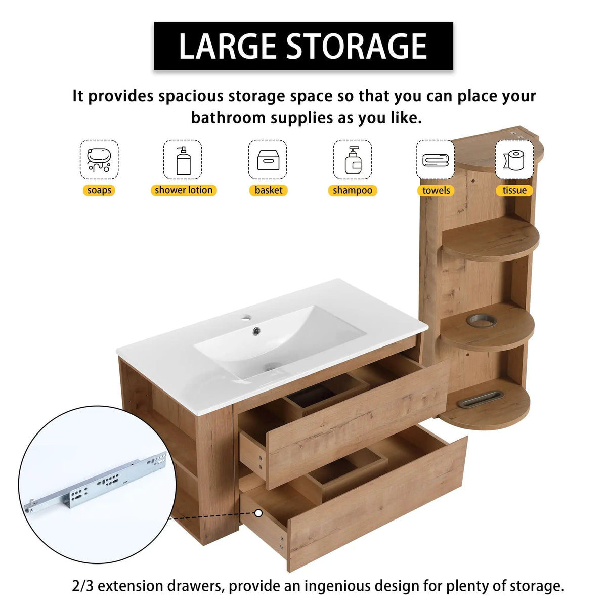 Modern Wall Mounted Bathroom Vanity With Ceramic Sink And Storage Rack, 2 Soft Close | 2 Pieces | Ceramic & Plywood | Bathroom