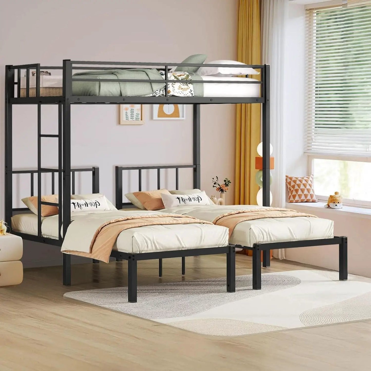 Triple Bunk Bed For 3 With Guardrails And Integrated Ladder from PriceLows™