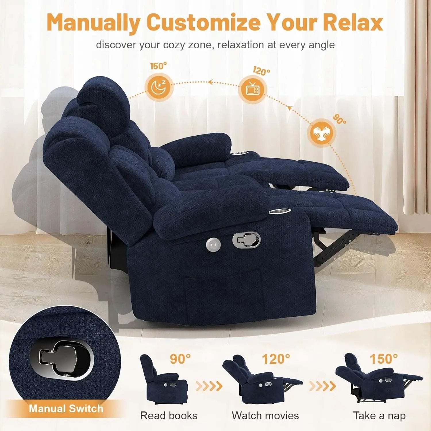Blue Loveseat Recliner Sofa With Flip Backrest Manual from PriceLows™