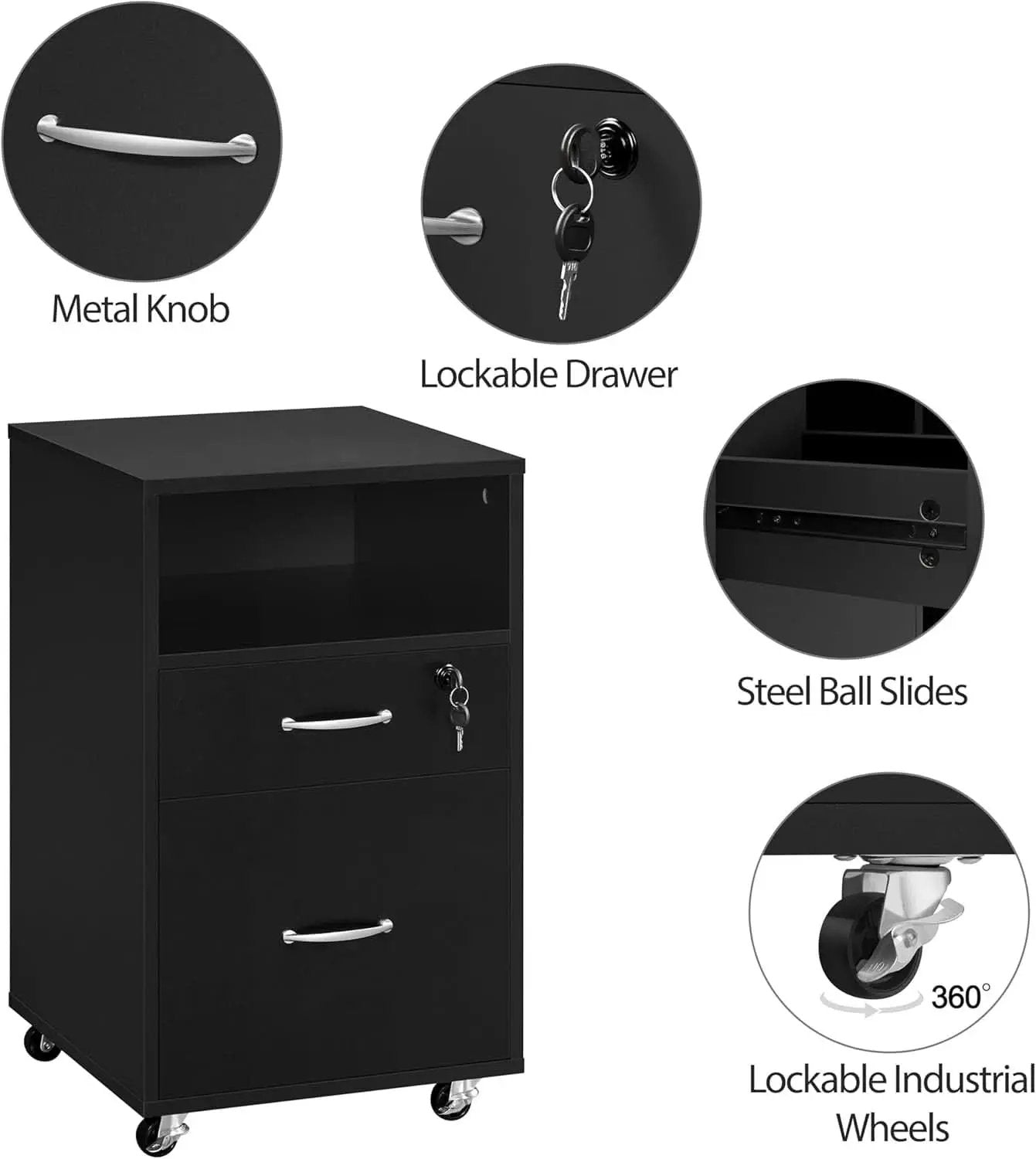 Black Under Desk File Cabinet 2 Drawers Lockable Wheels from PriceLows™