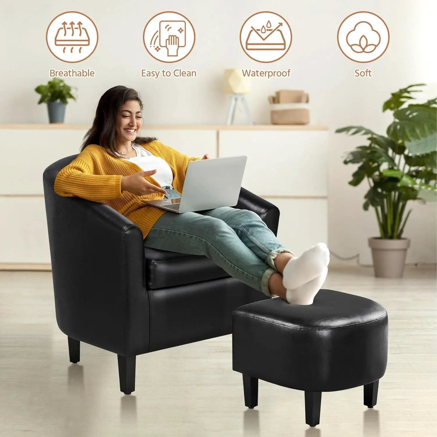Modern Black Faux Leather Accent Chair With Ottoman Set from PriceLows™