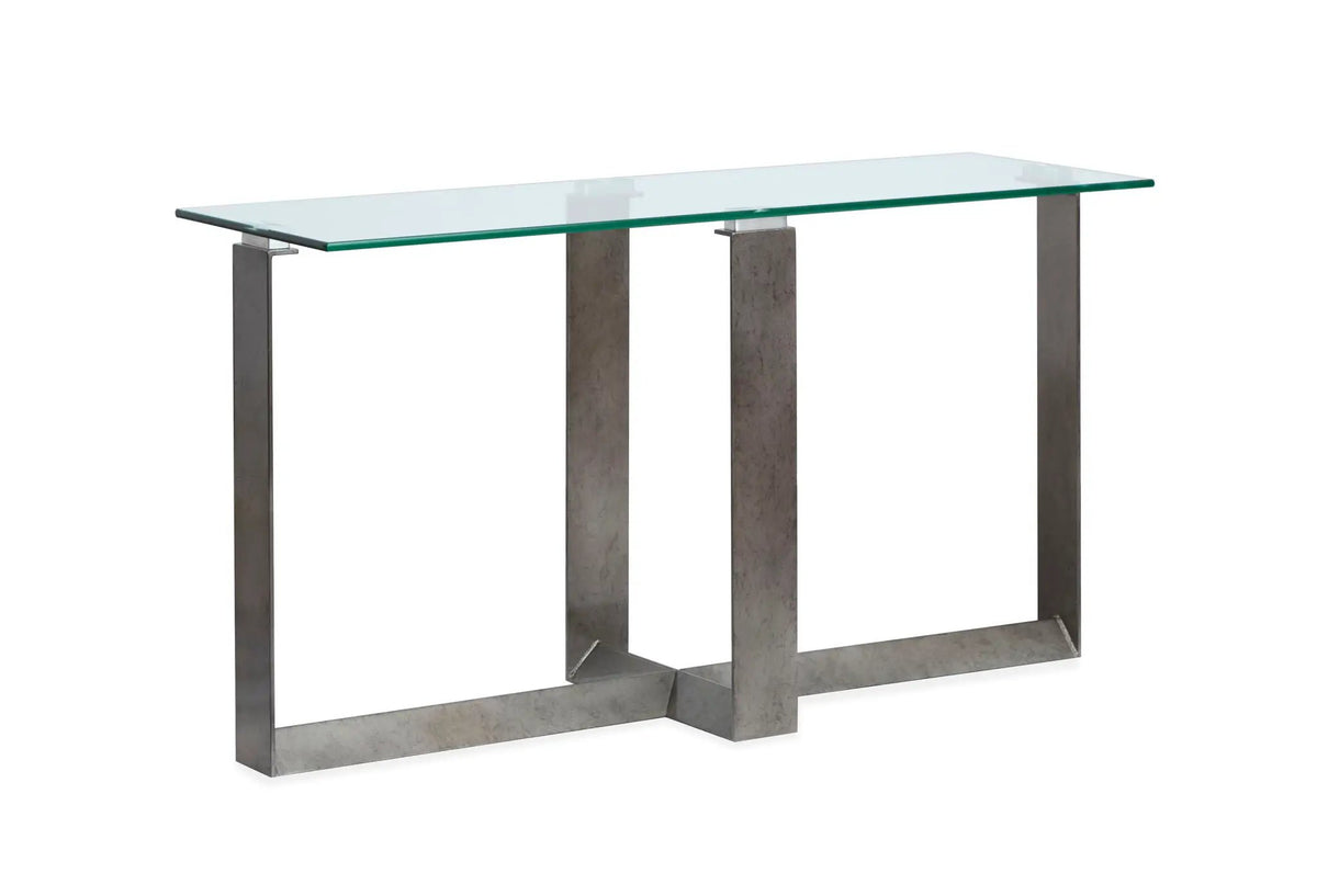 Holden Rectangular End Table | Aged Pewter Metal Frame | Tempered Glass Top | Triangular Base