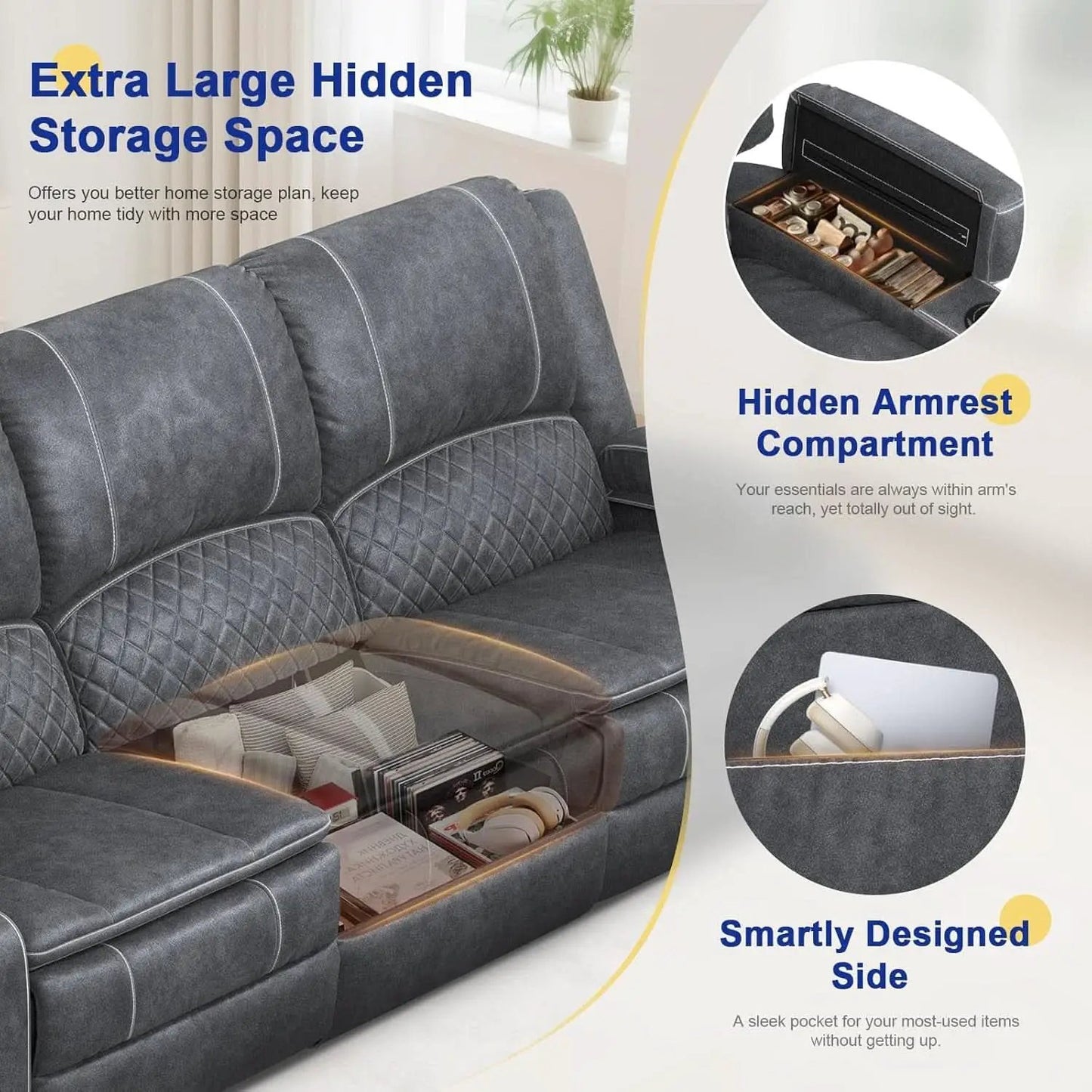 Grey Velvet 3 Seater Recliner Sofa With USB Ports Storage from PriceLows™