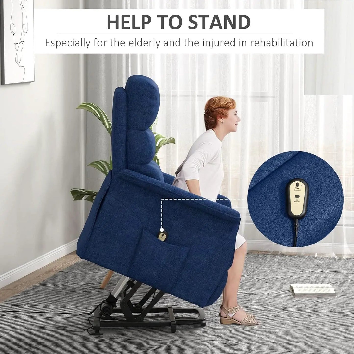 Power Lift Recliner Chair In Dark Blue Fabric Easy Assembly from PriceLows™