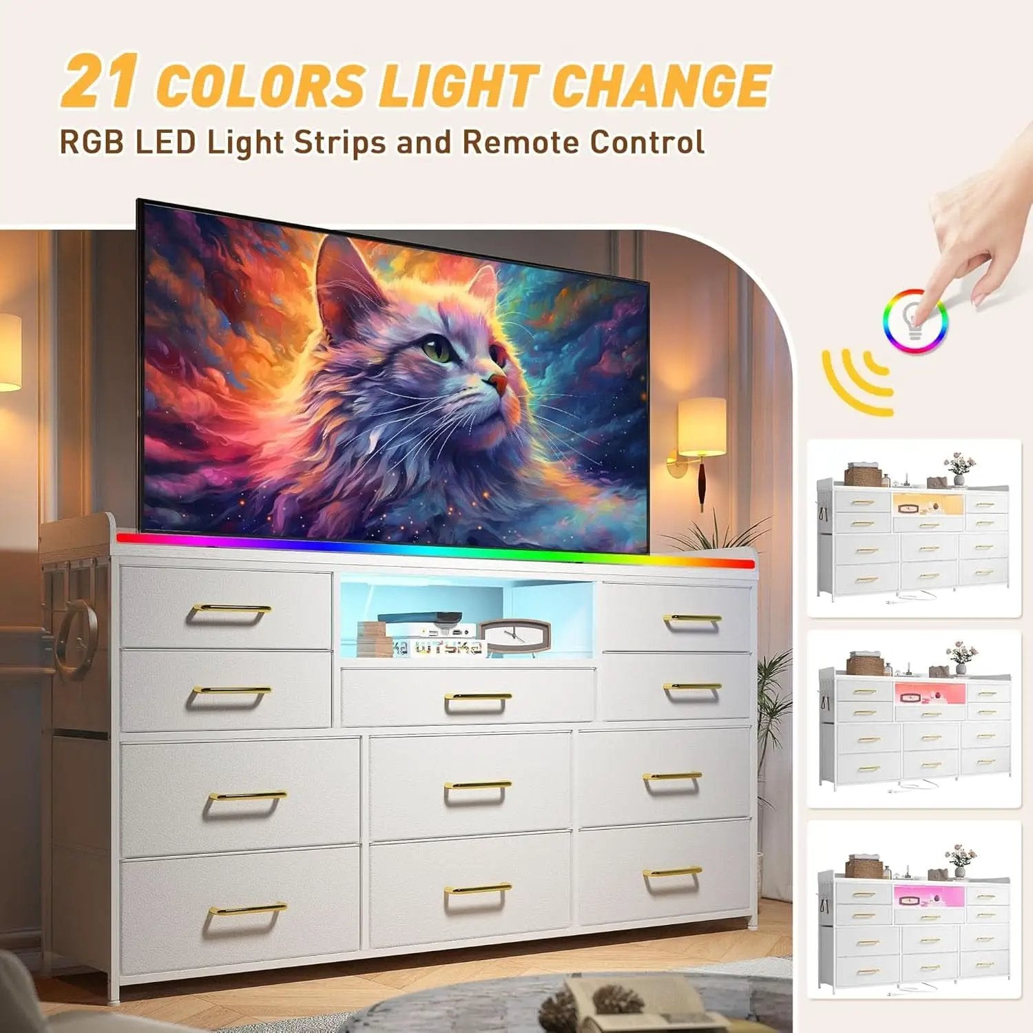 Bedroom Dresser With 11 Drawers And 60 Inch TV Stand White from PriceLows™