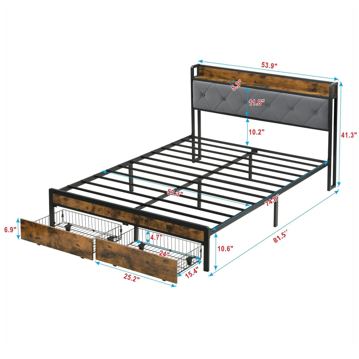 Modern Storage Bed Frame | LED Lights With Remote | Upholstered Headboard | USB Charging Station